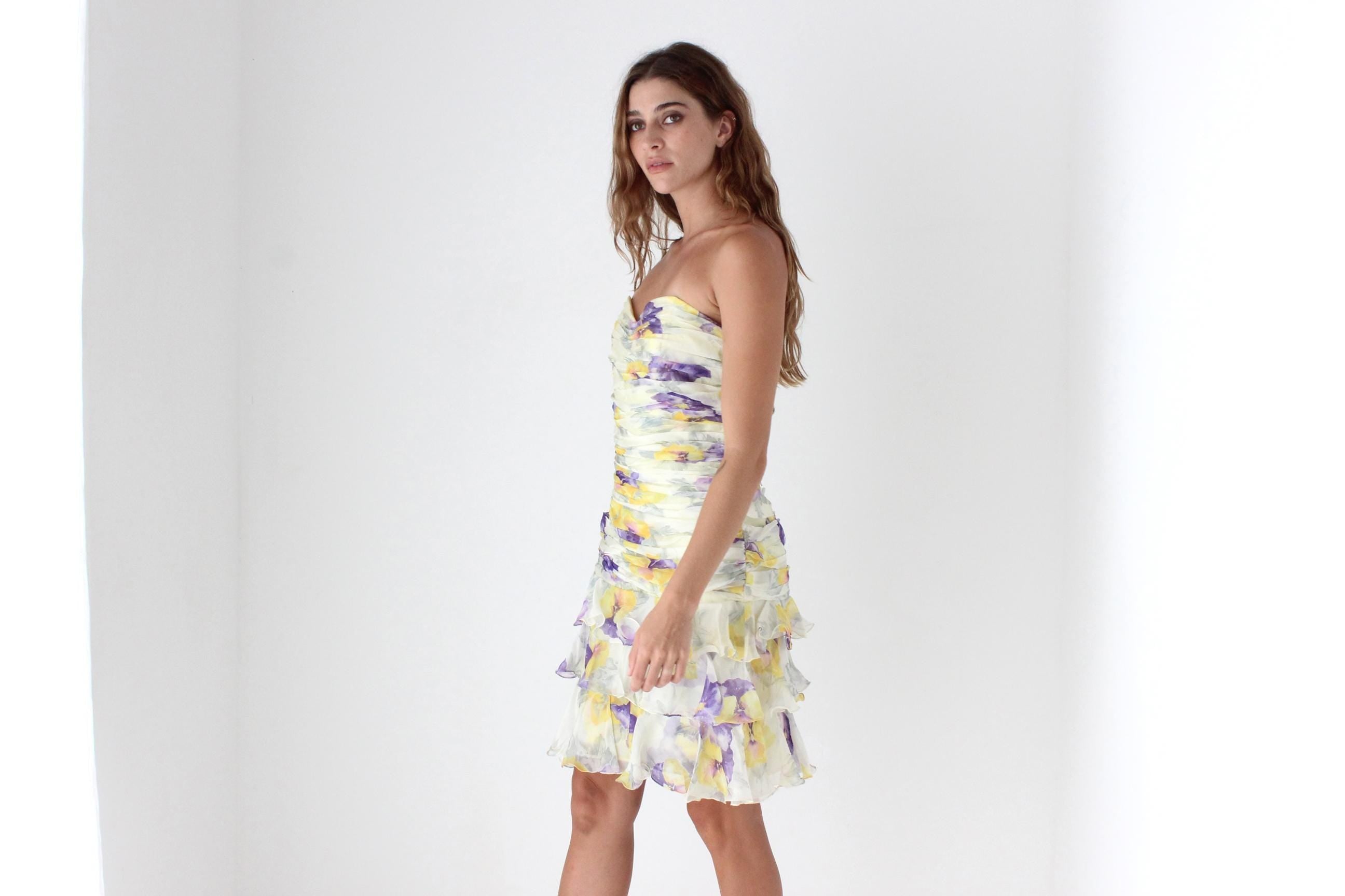 80s Pastel Floral Silk Organza Ruffle Mini