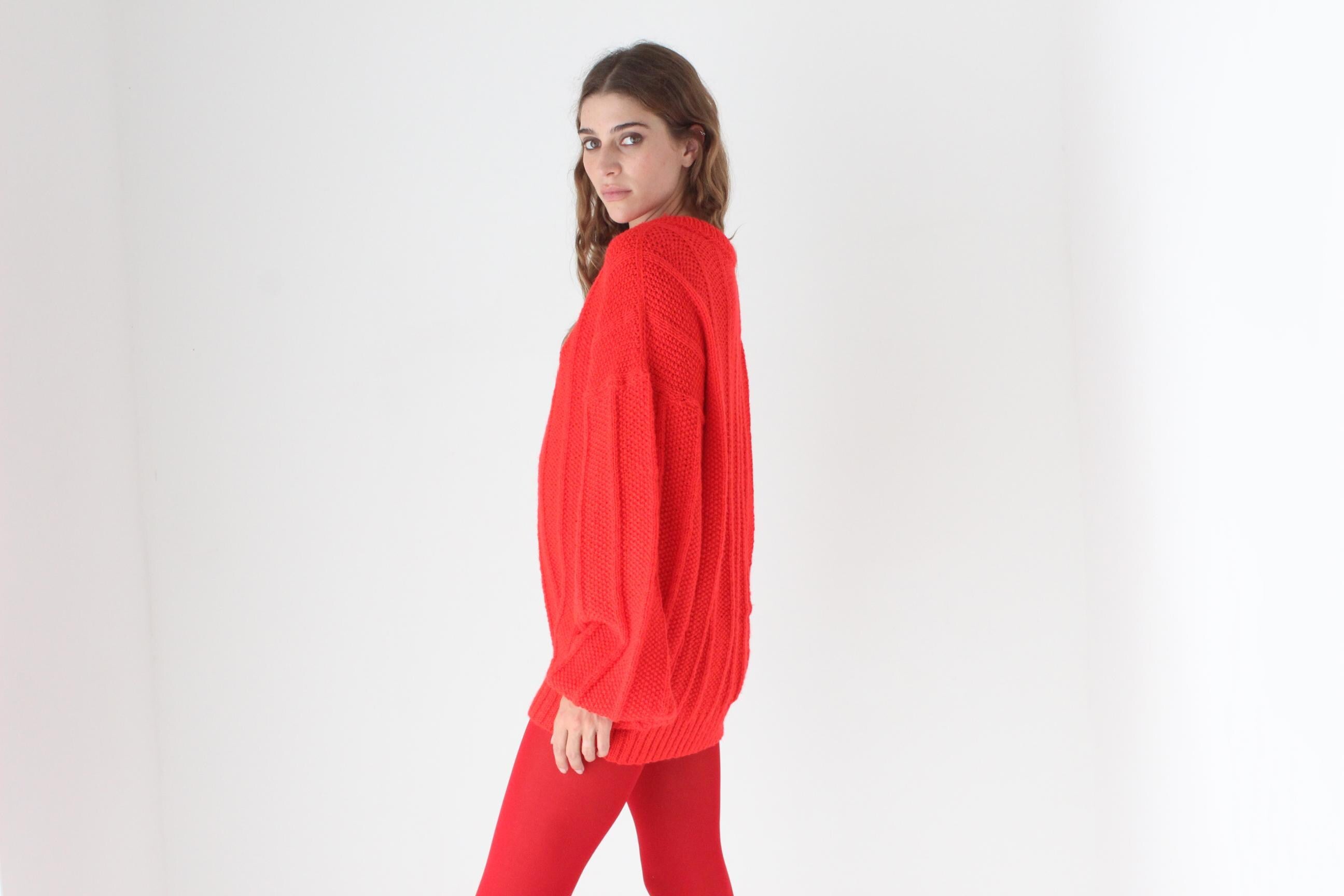 80s Vibrant Red Hand Knit Bubble Sleeve Sweater