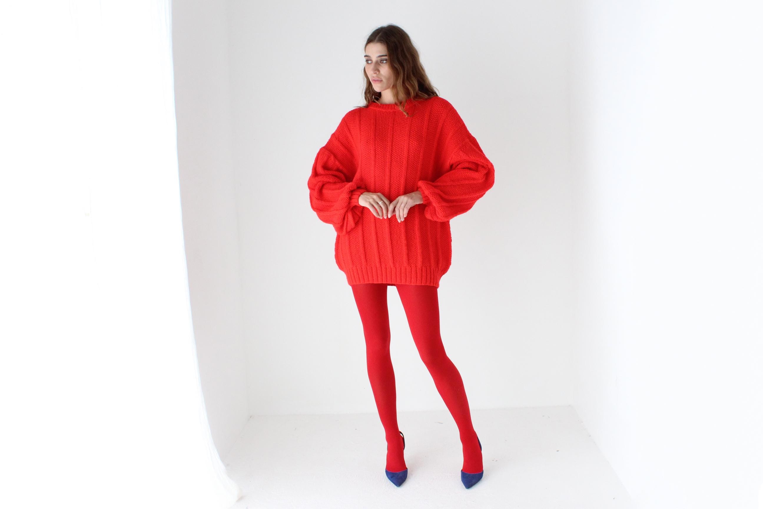 80s Vibrant Red Hand Knit Bubble Sleeve Sweater