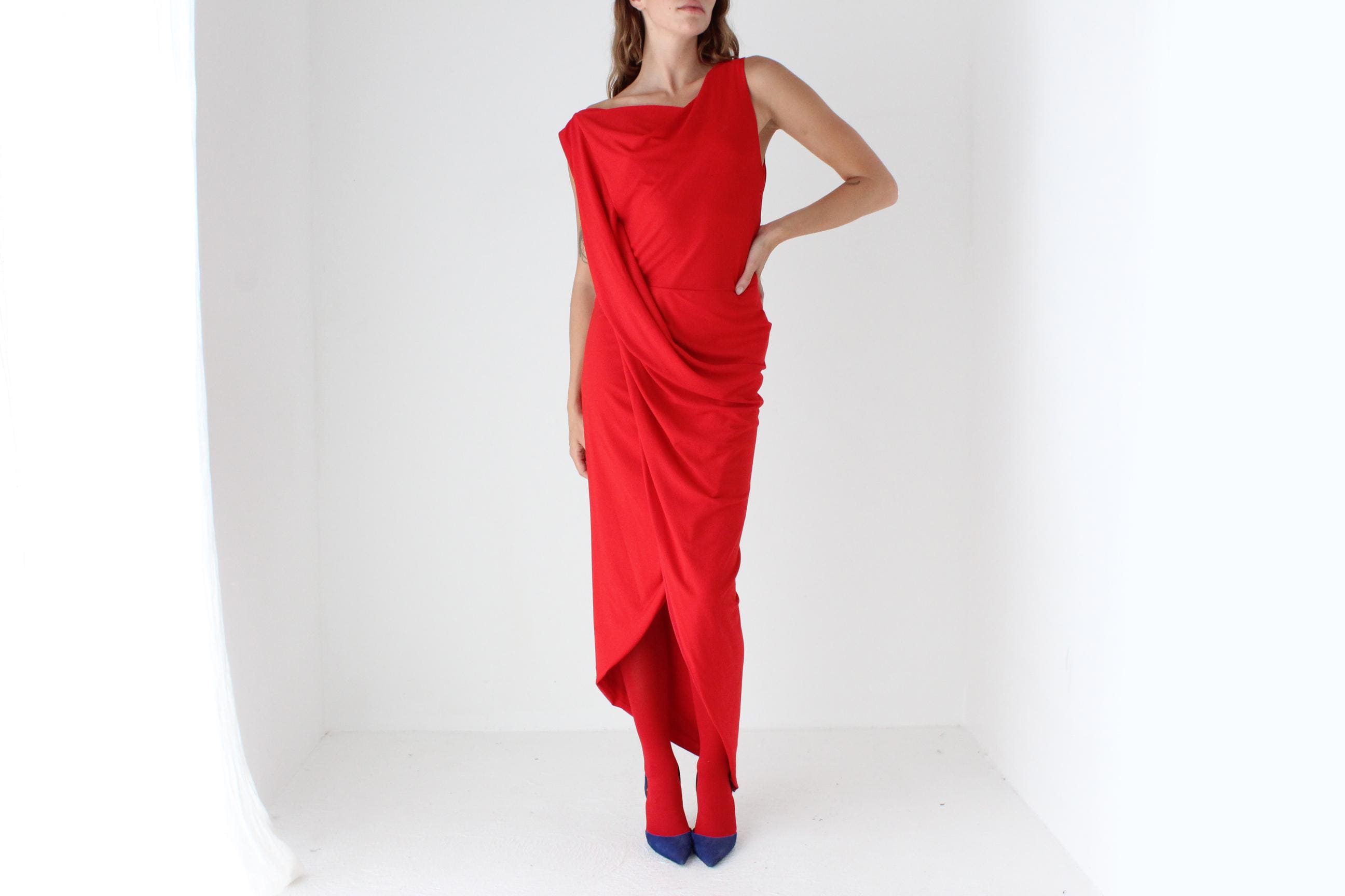 2000s Slinky Draped Jersey Bateau Neck Dress