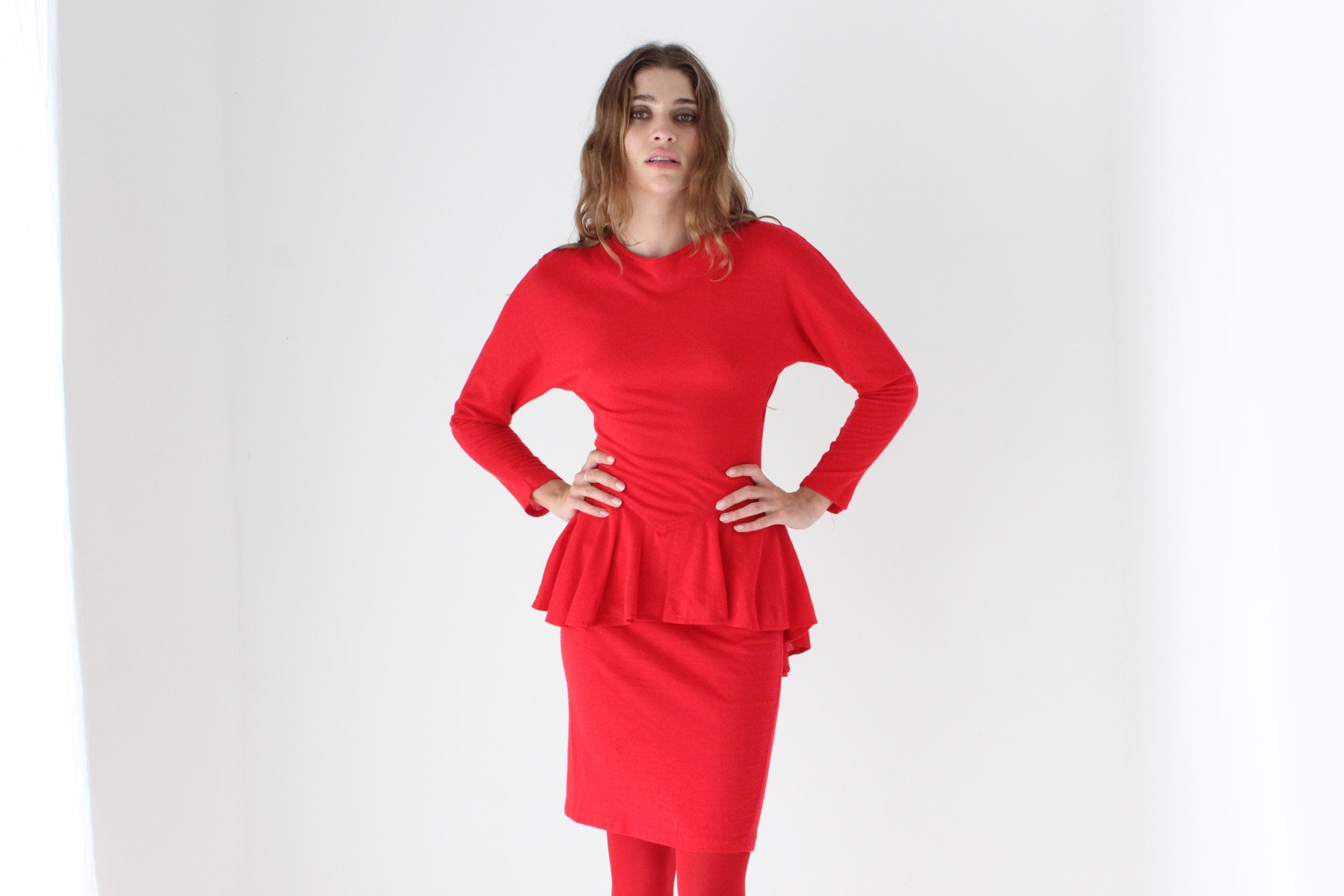 80s Vibrant Red Knit Peplum Dress