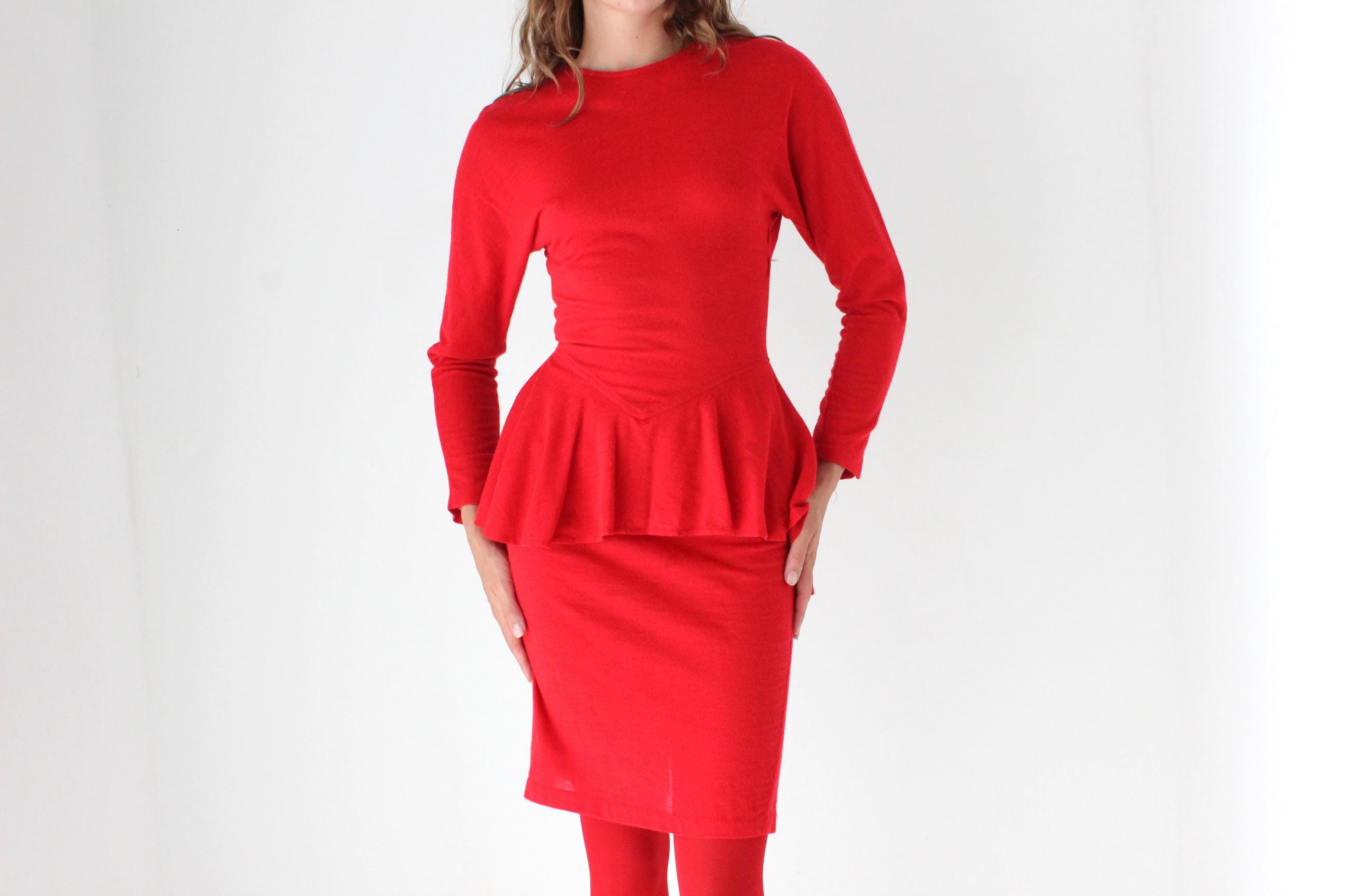 80s Vibrant Red Knit Peplum Dress