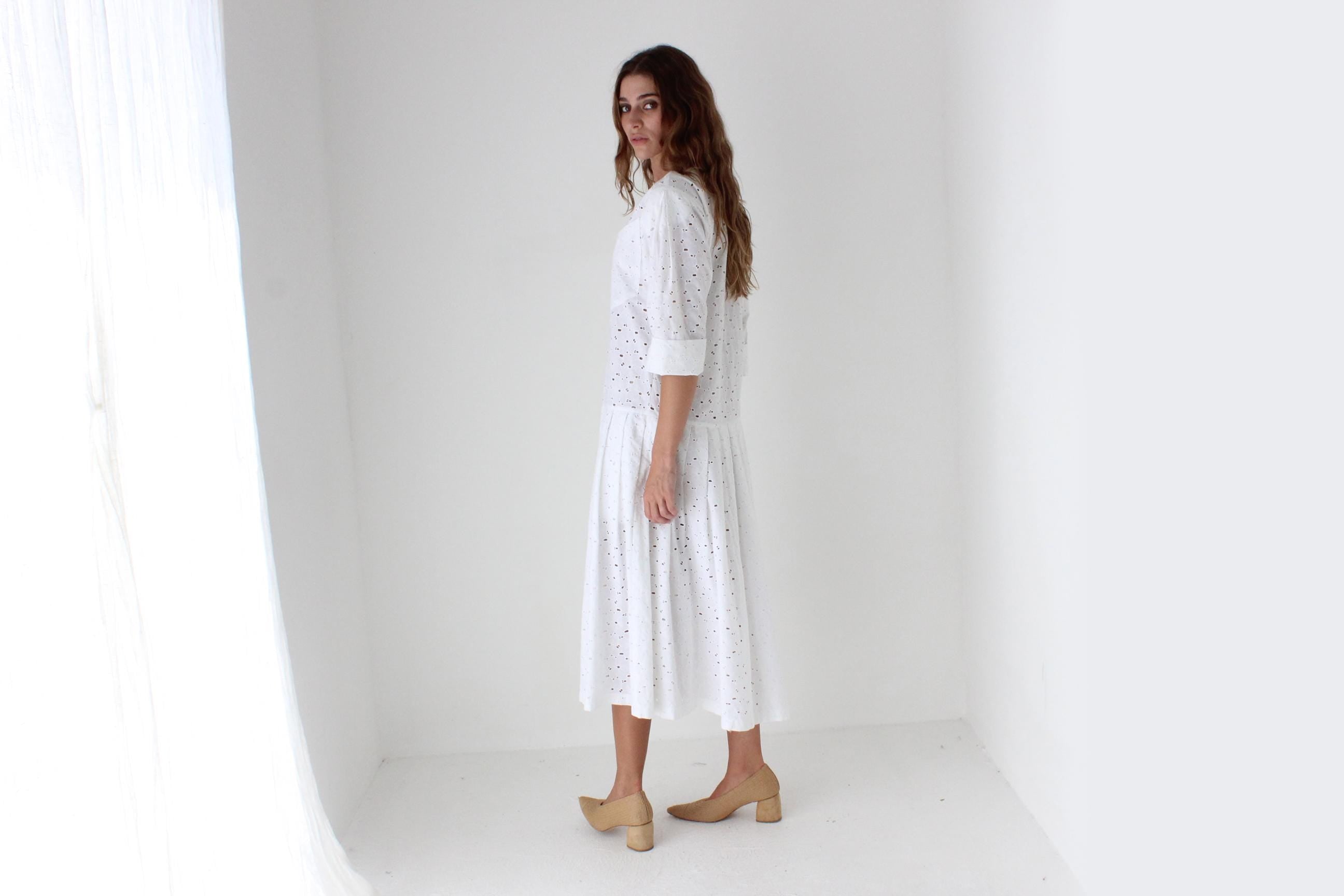 80s Broderie Anglaise Drop Waist Summer Smock Dress