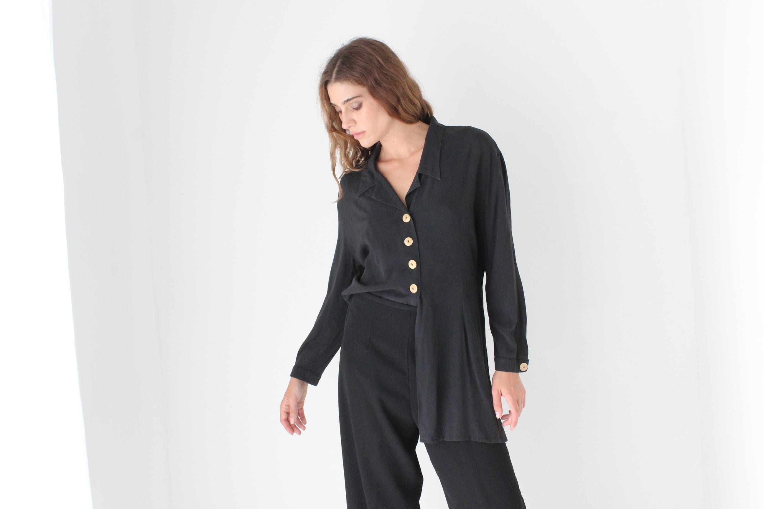90s Relaxed Silk-Feel Black Shirt
