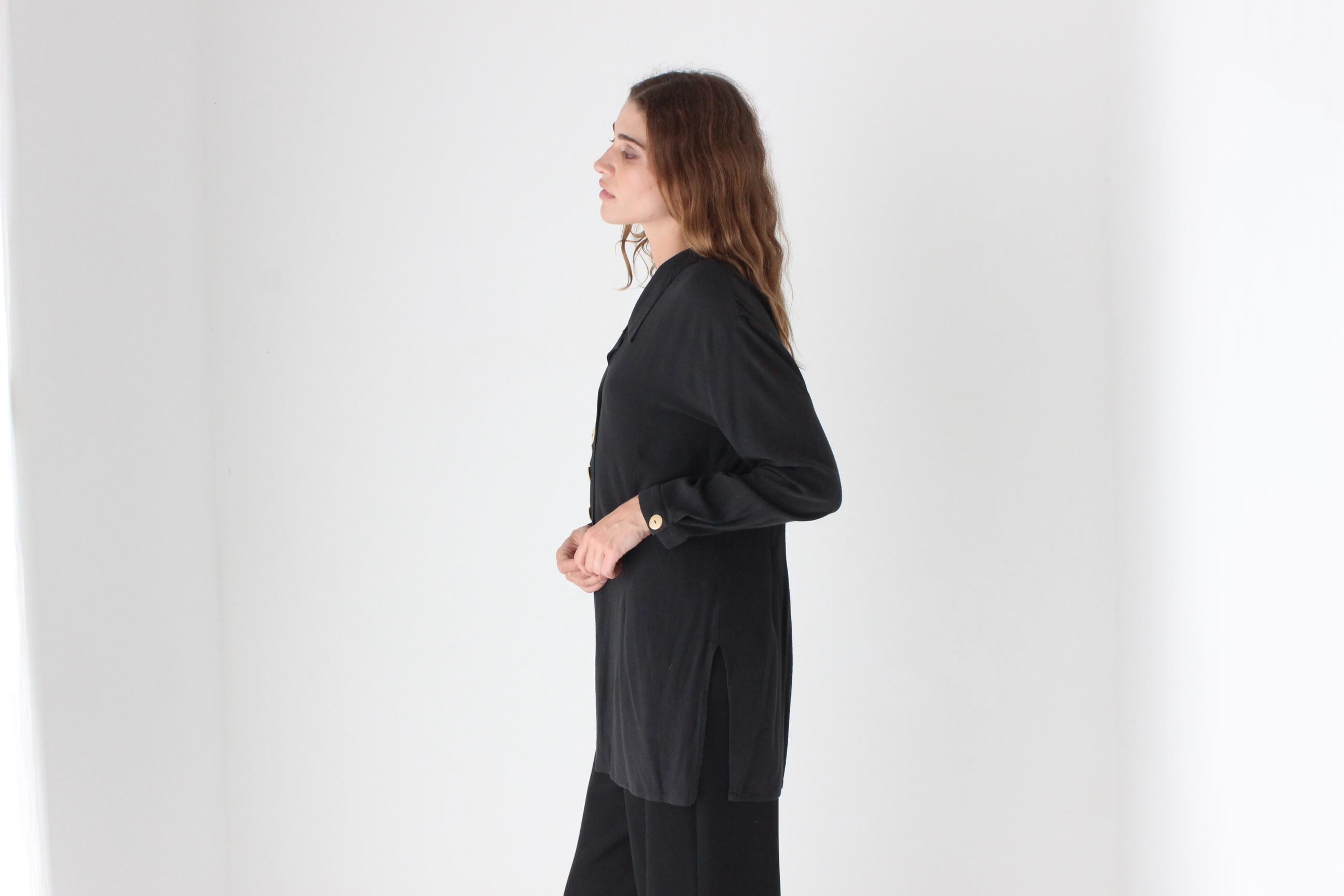 90s Relaxed Silk-Feel Black Shirt