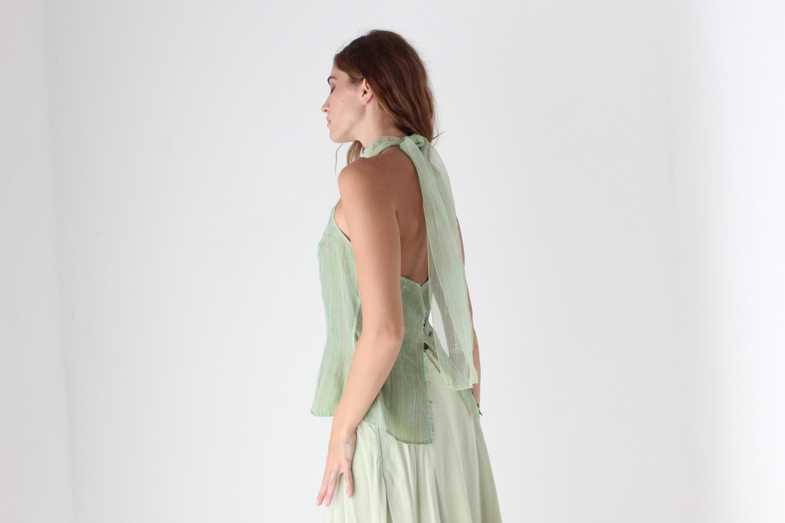 Y2K Pastel Silk Organza Tie Up Halter Top