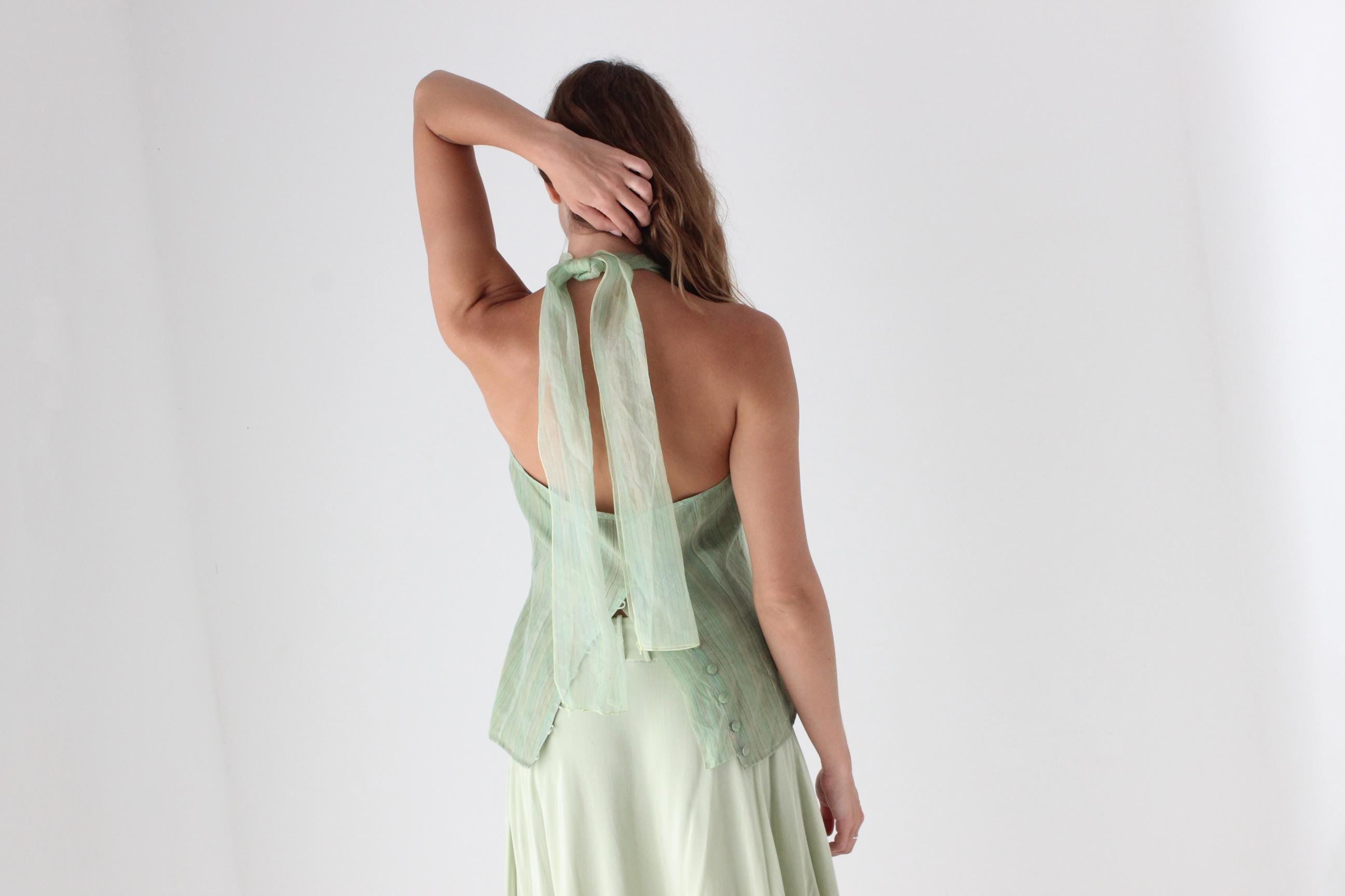 Y2K Pastel Silk Organza Tie Up Halter Top