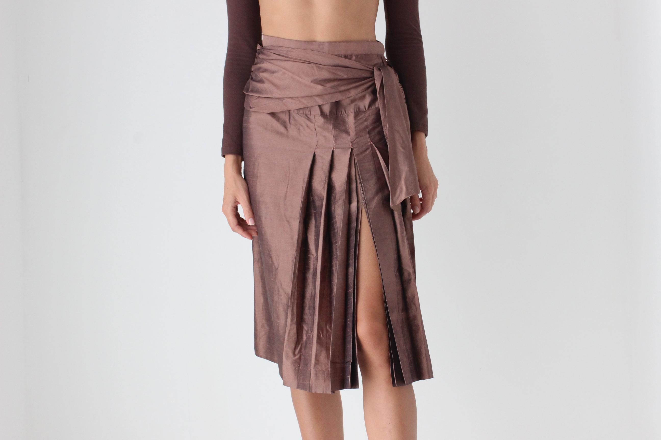 Interesting 80s Silk Taffeta Kilt Skirt w/ Sash Tie