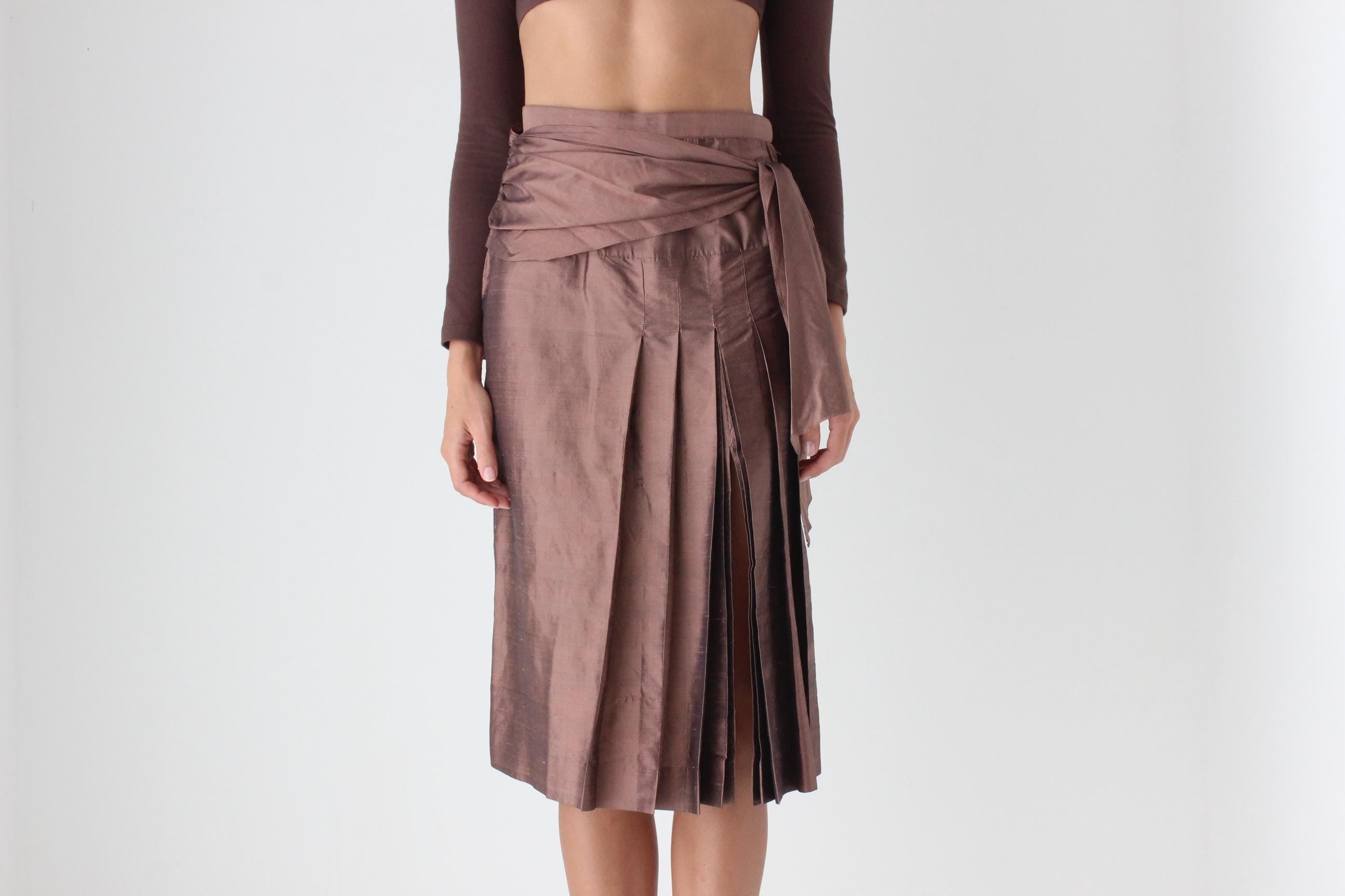 Interesting 80s Silk Taffeta Kilt Skirt w/ Sash Tie