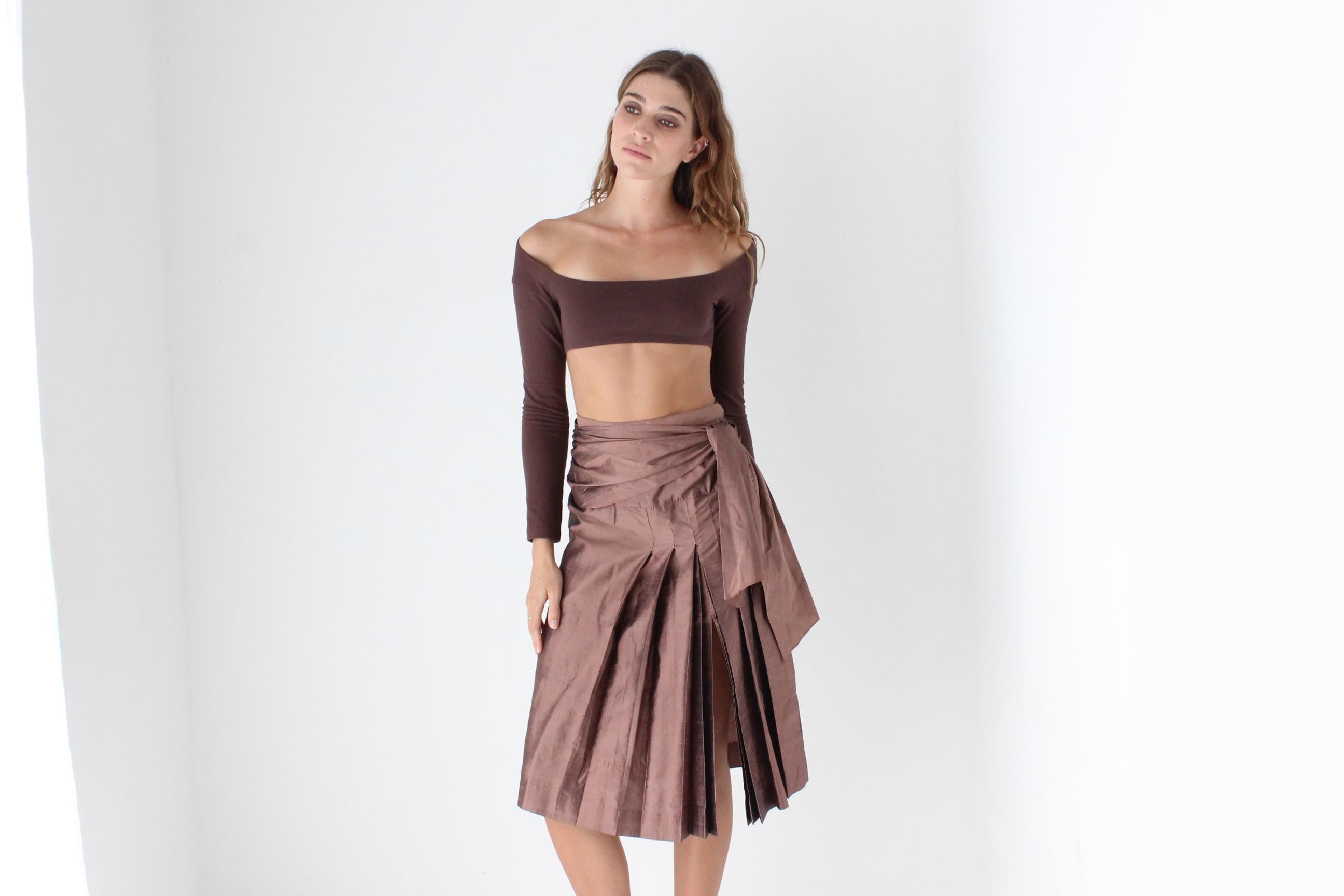Interesting 80s Silk Taffeta Kilt Skirt w/ Sash Tie