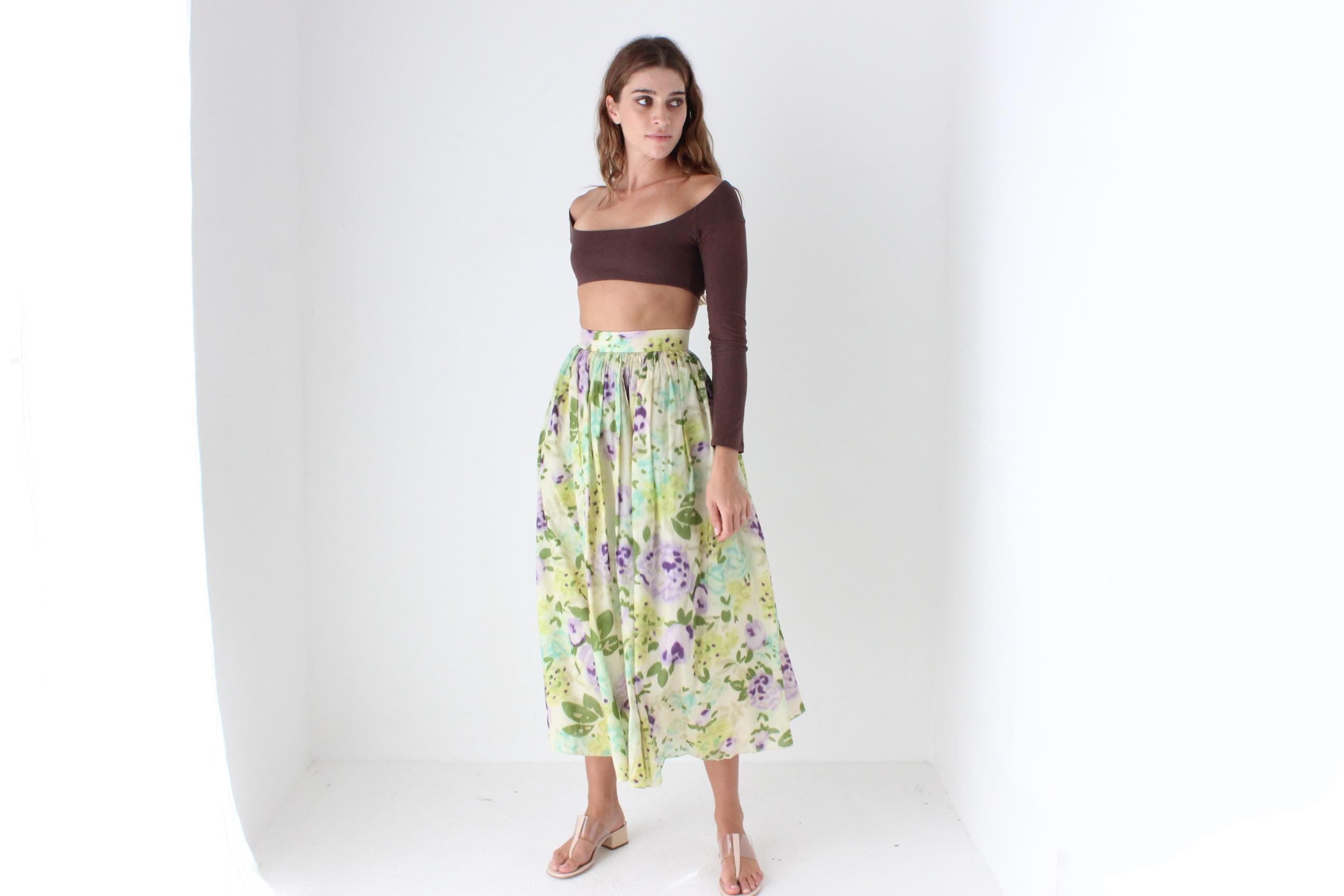 80s Pure Silk Watercolour Floral Skirt