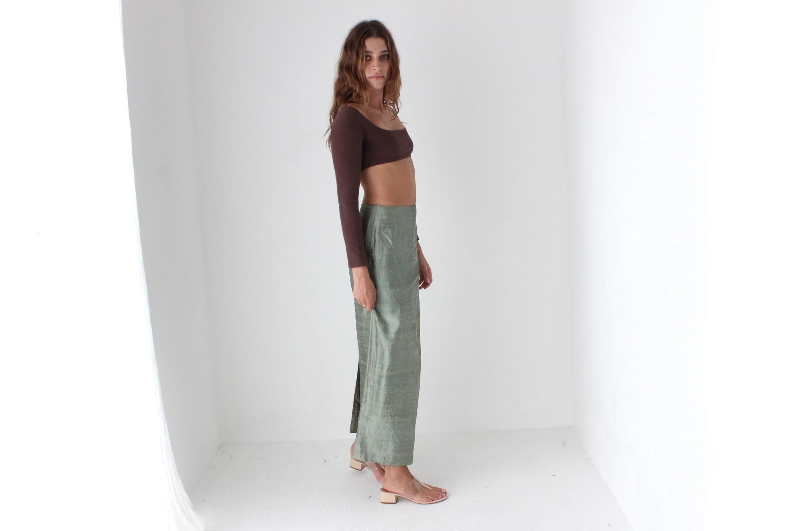 80s Moss Green Raw Silk Column Skirt