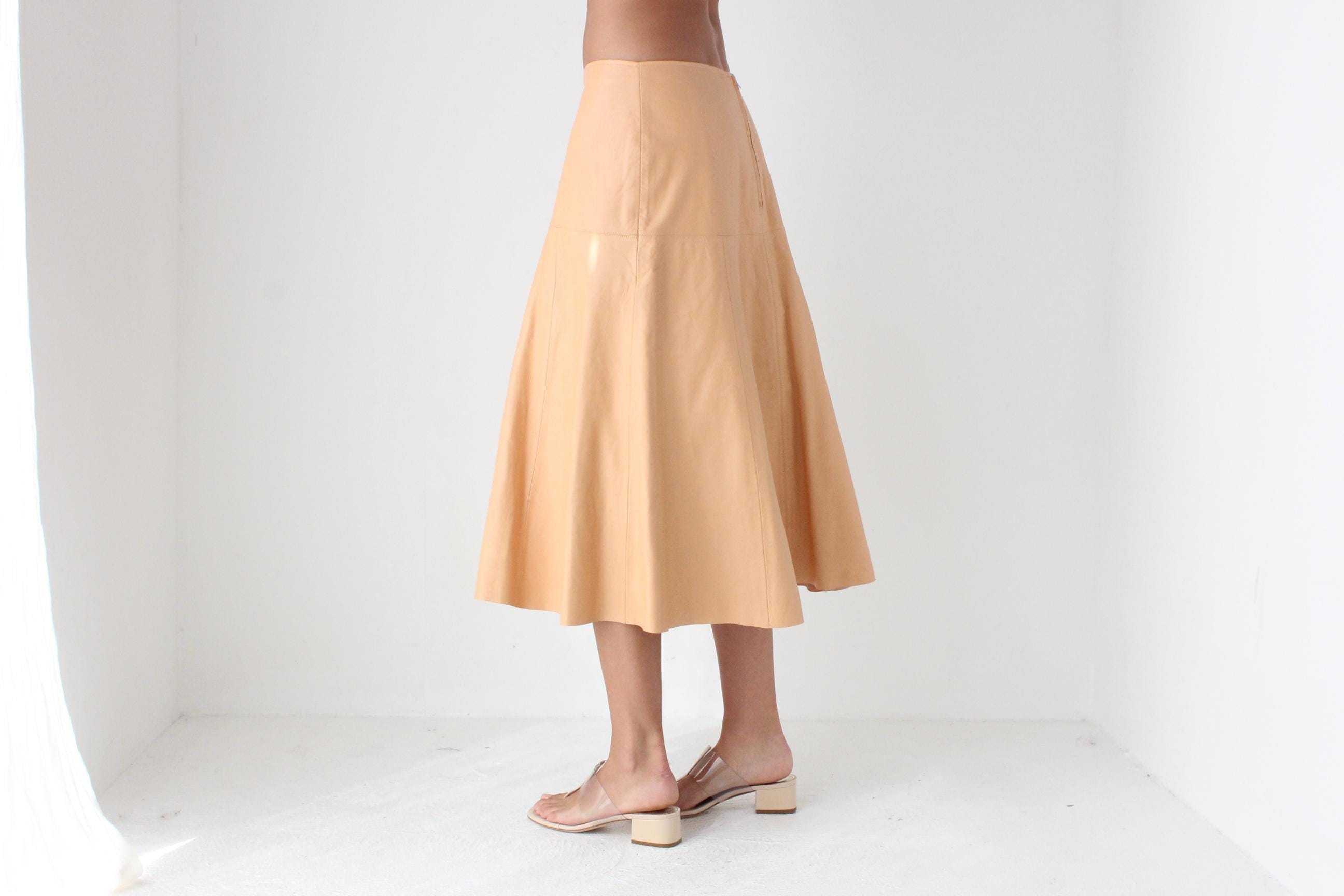 Pastel Peach Genuine Leather Midi Skirt