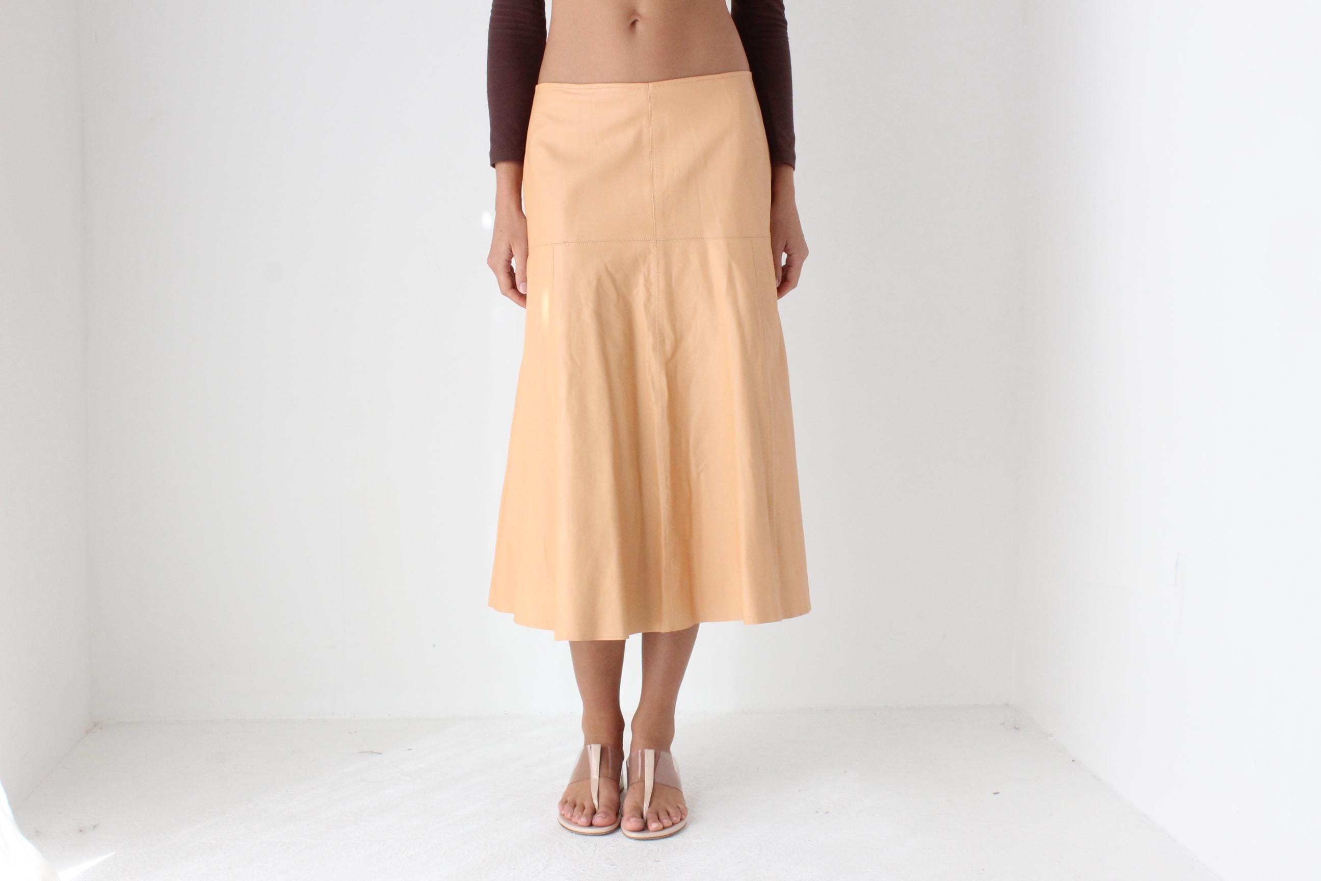 Pastel Peach Genuine Leather Midi Skirt