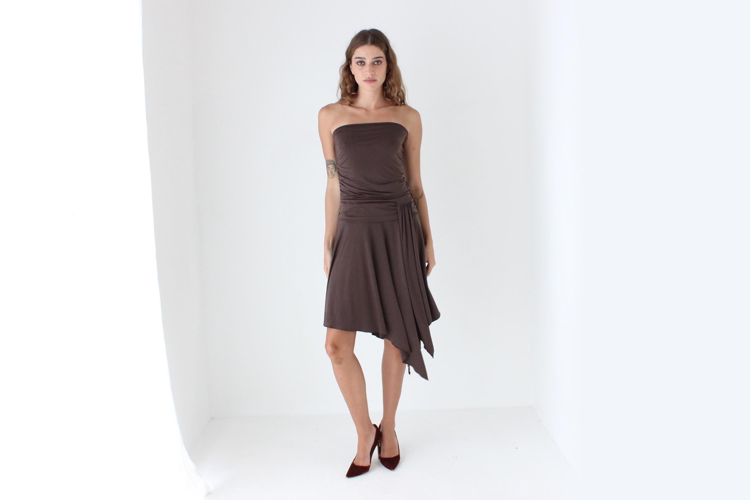 Y2K Slinky Strapless Handkerchief Hem Dress