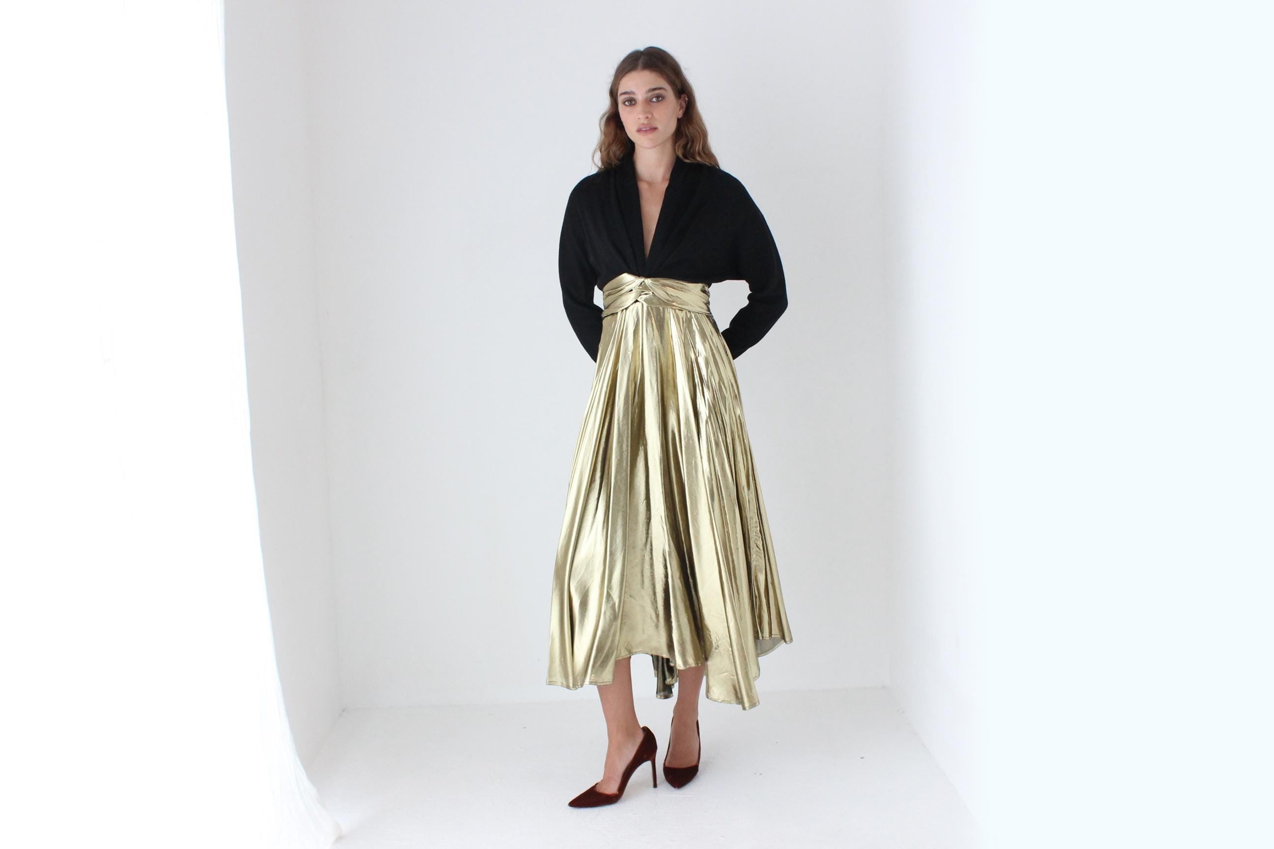 80s Black Knit & Gold Lamé Disco Dress