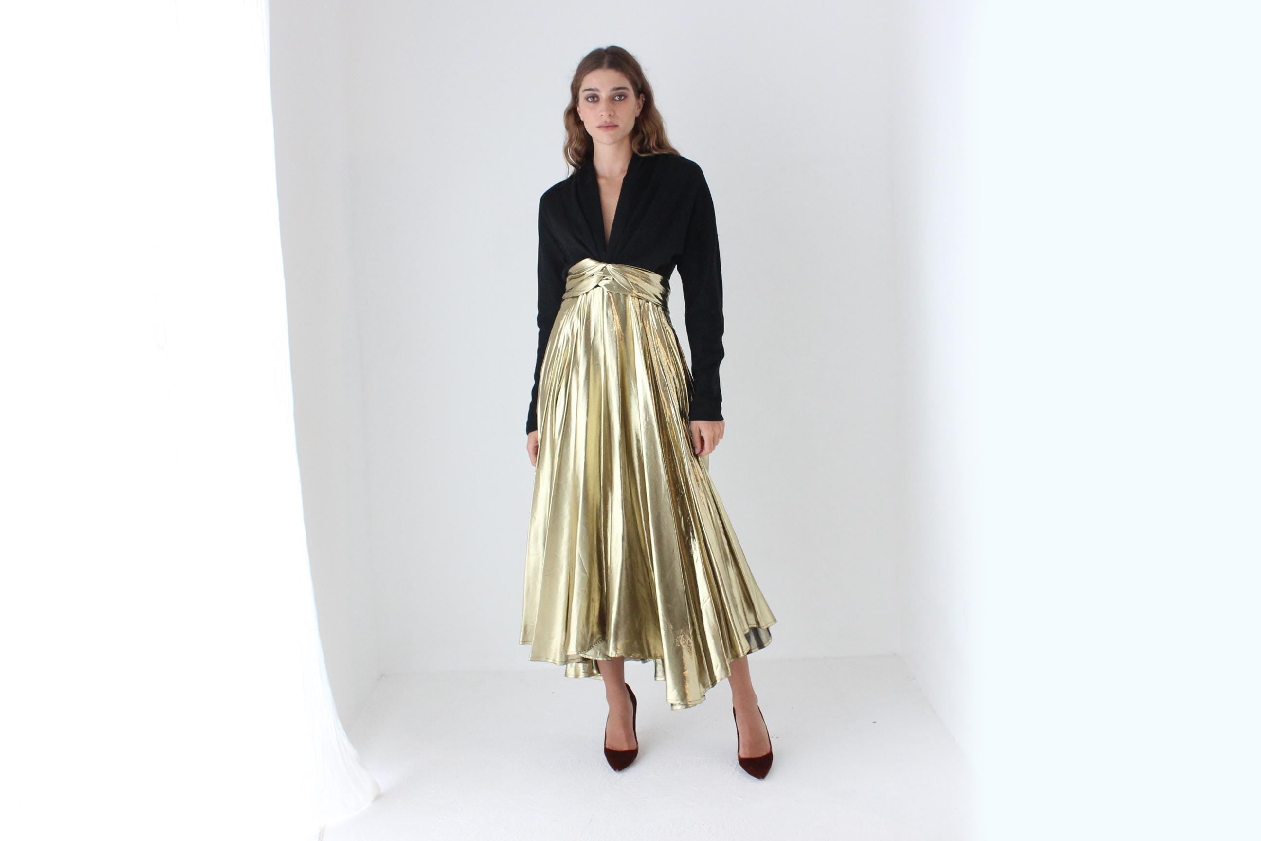 80s Black Knit & Gold Lamé Disco Dress