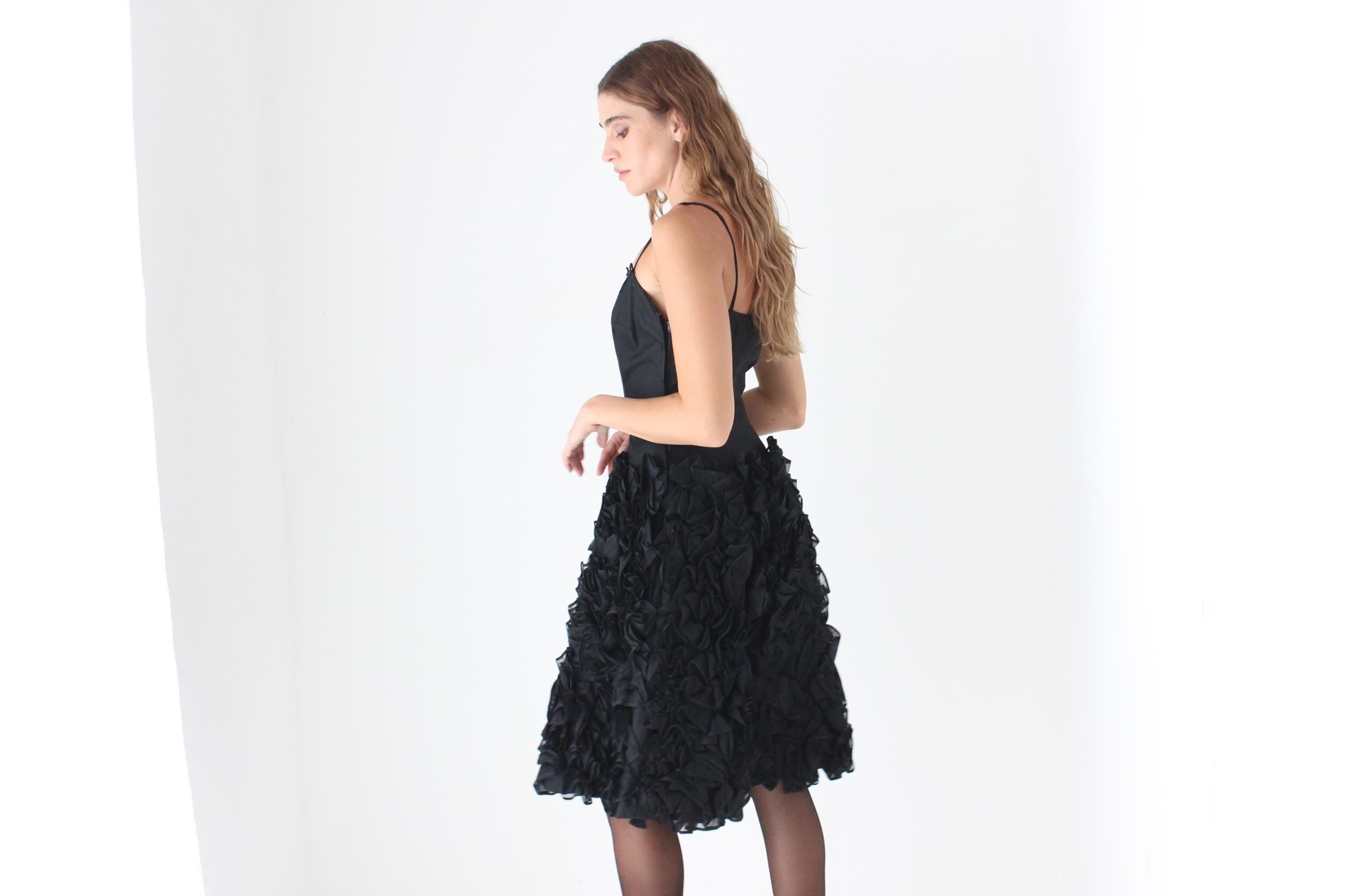 60s Bustier Party Dress w/ Textural Organza Ruffle Skirt