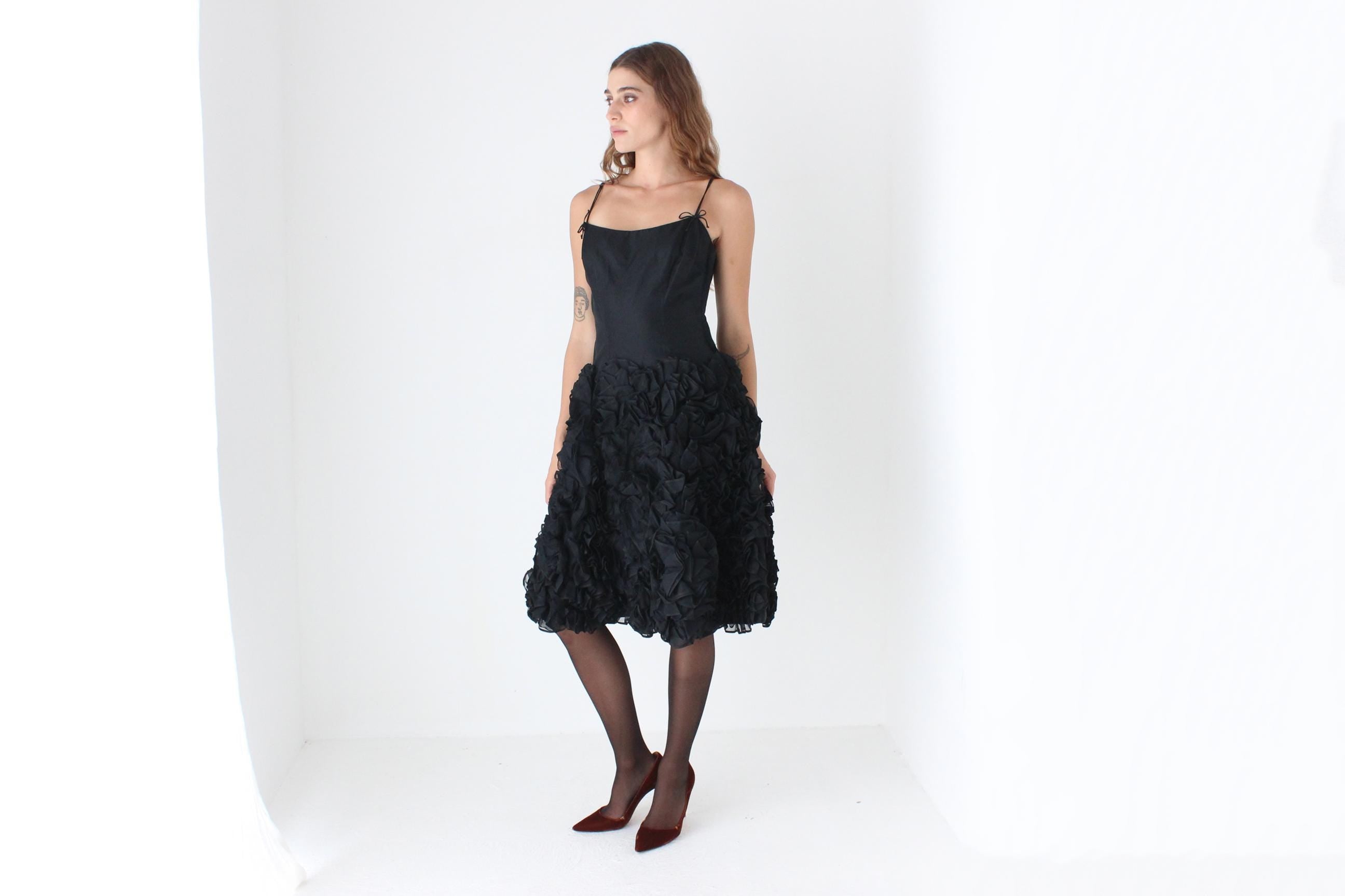60s Bustier Party Dress w/ Textural Organza Ruffle Skirt