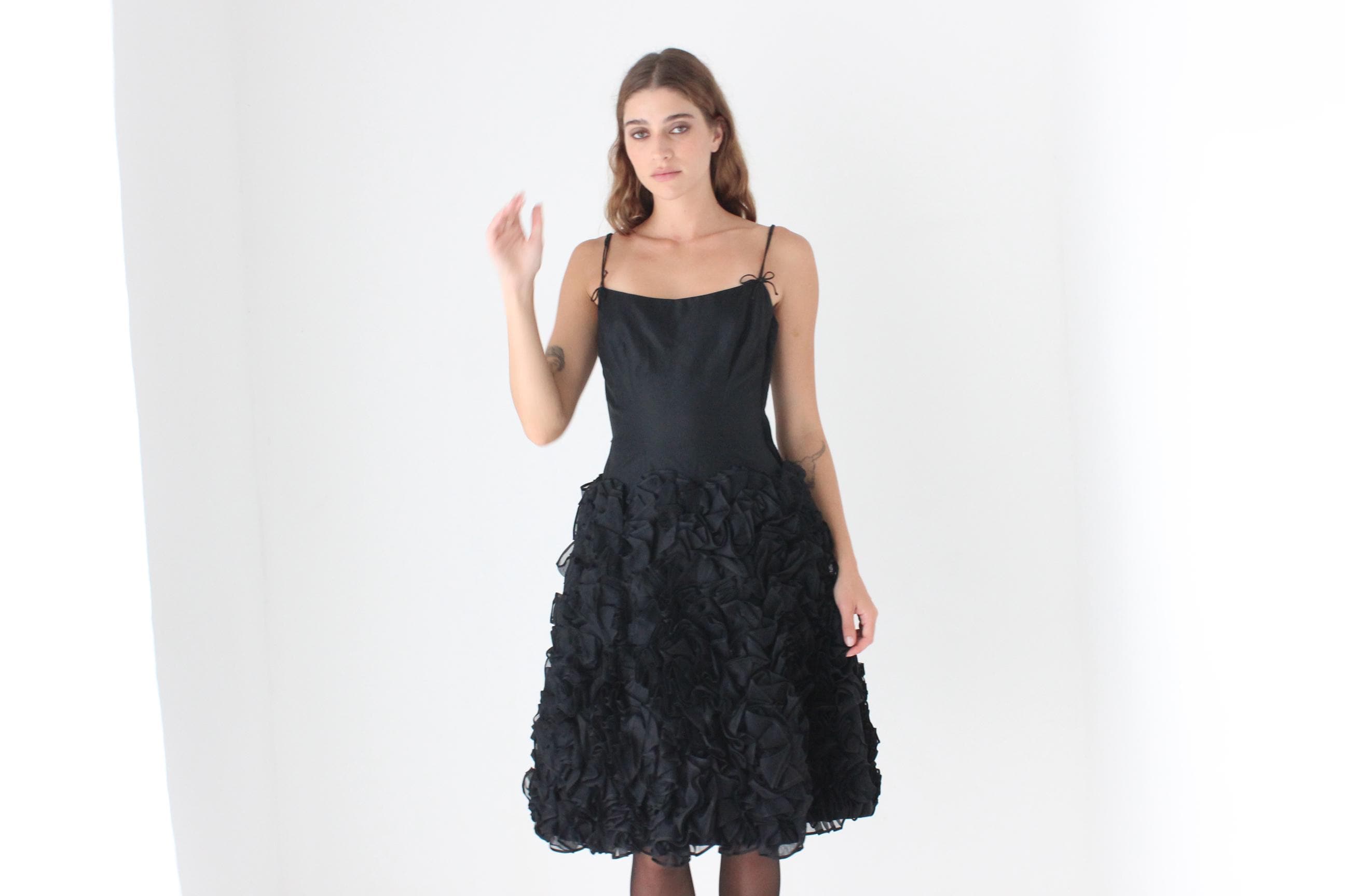 60s Bustier Party Dress w/ Textural Organza Ruffle Skirt