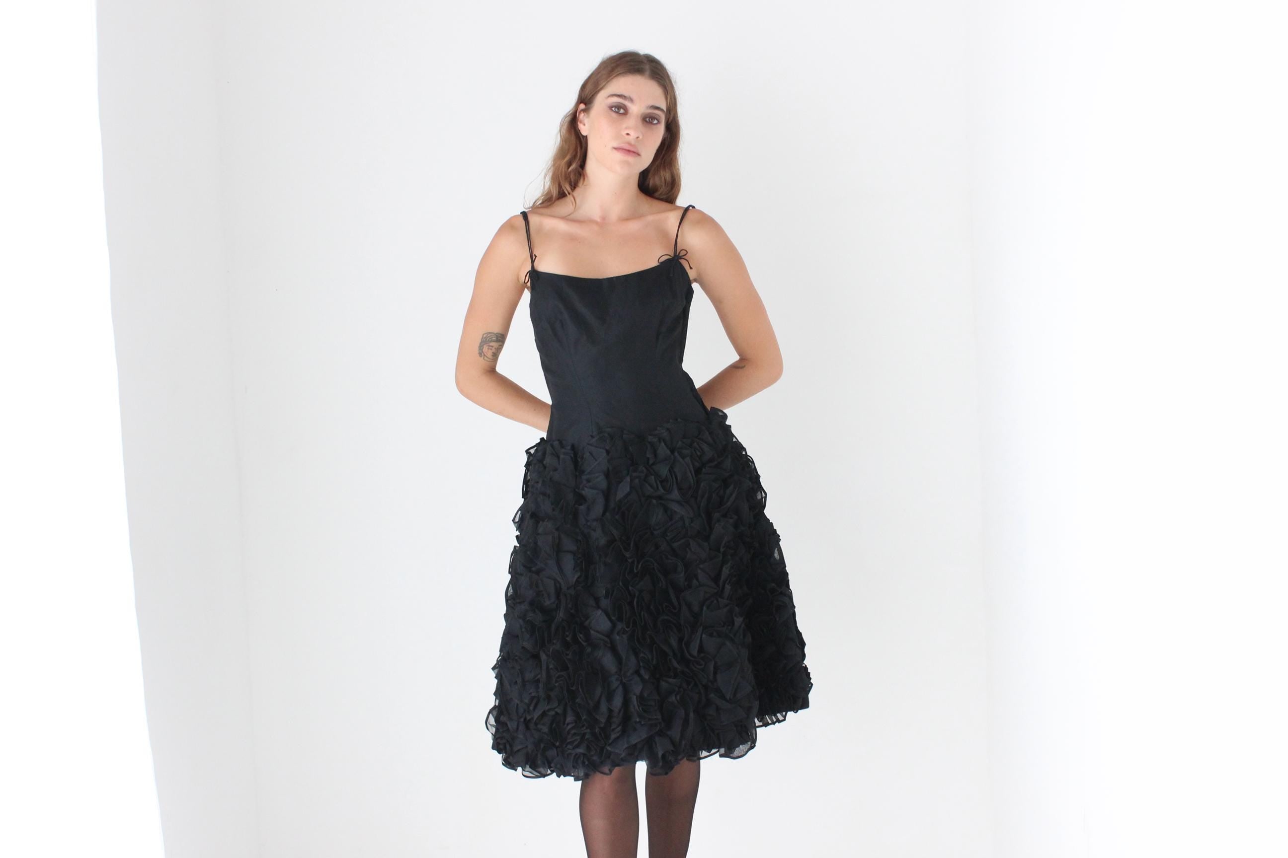 60s Bustier Party Dress w/ Textural Organza Ruffle Skirt