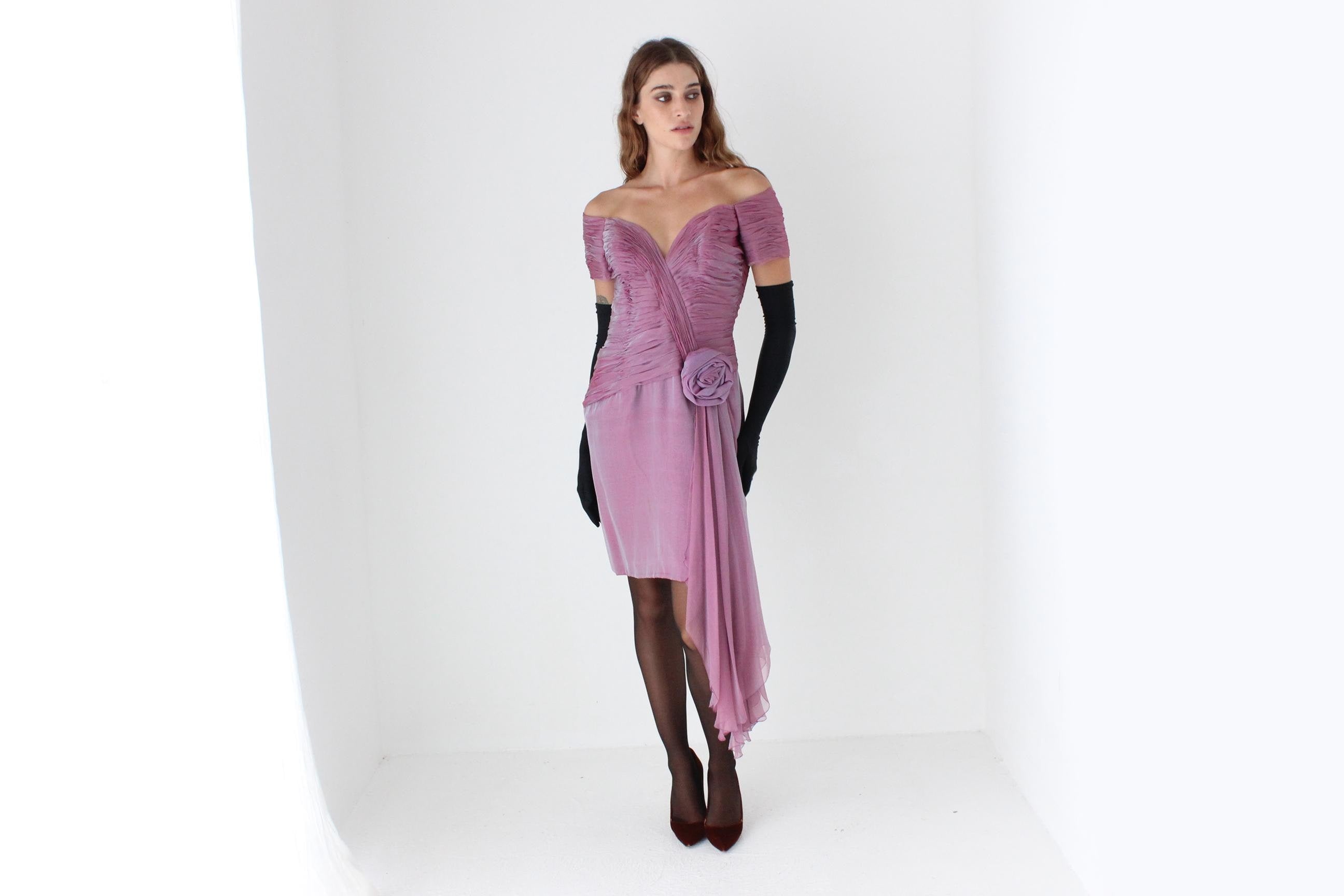 80s Vicky Tiel Couture Silk Gathered Off Shoulder Cocktail Mini Dress