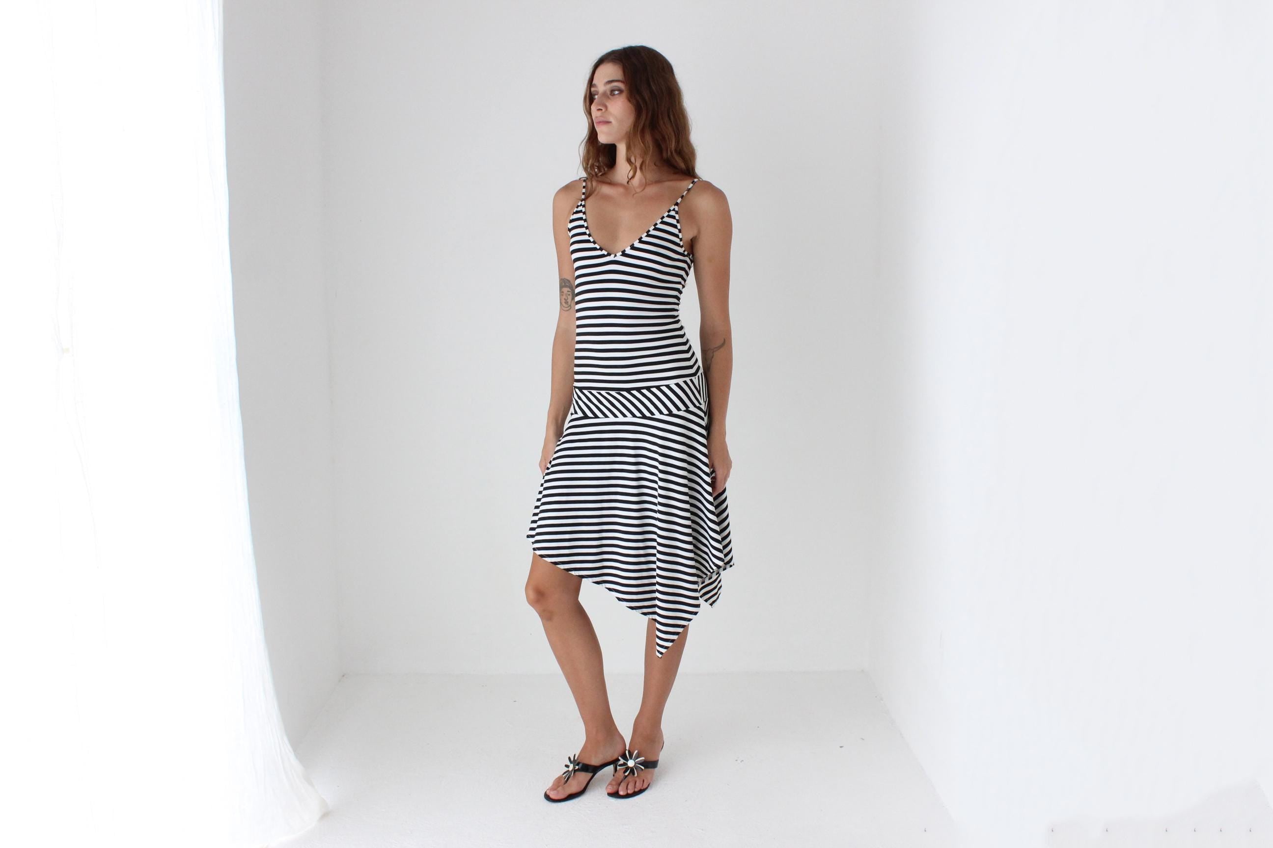 Y2K Stretch Black & White Striped Asymmetric Strappy Dress