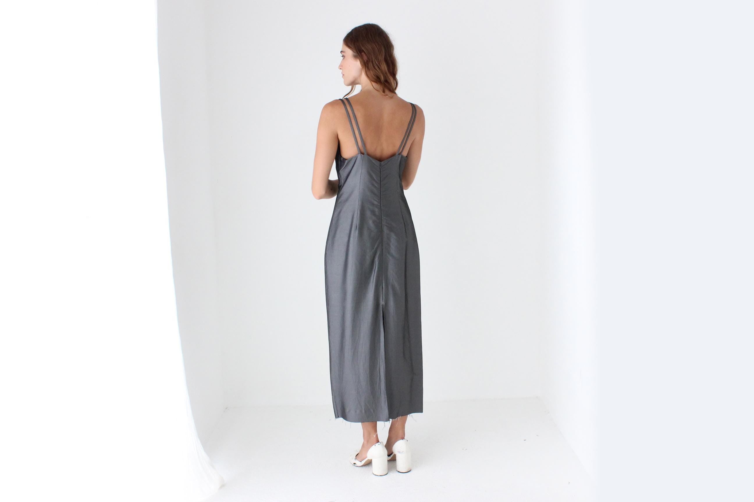 90s Metallic Pewter Square Neck Midi Dress