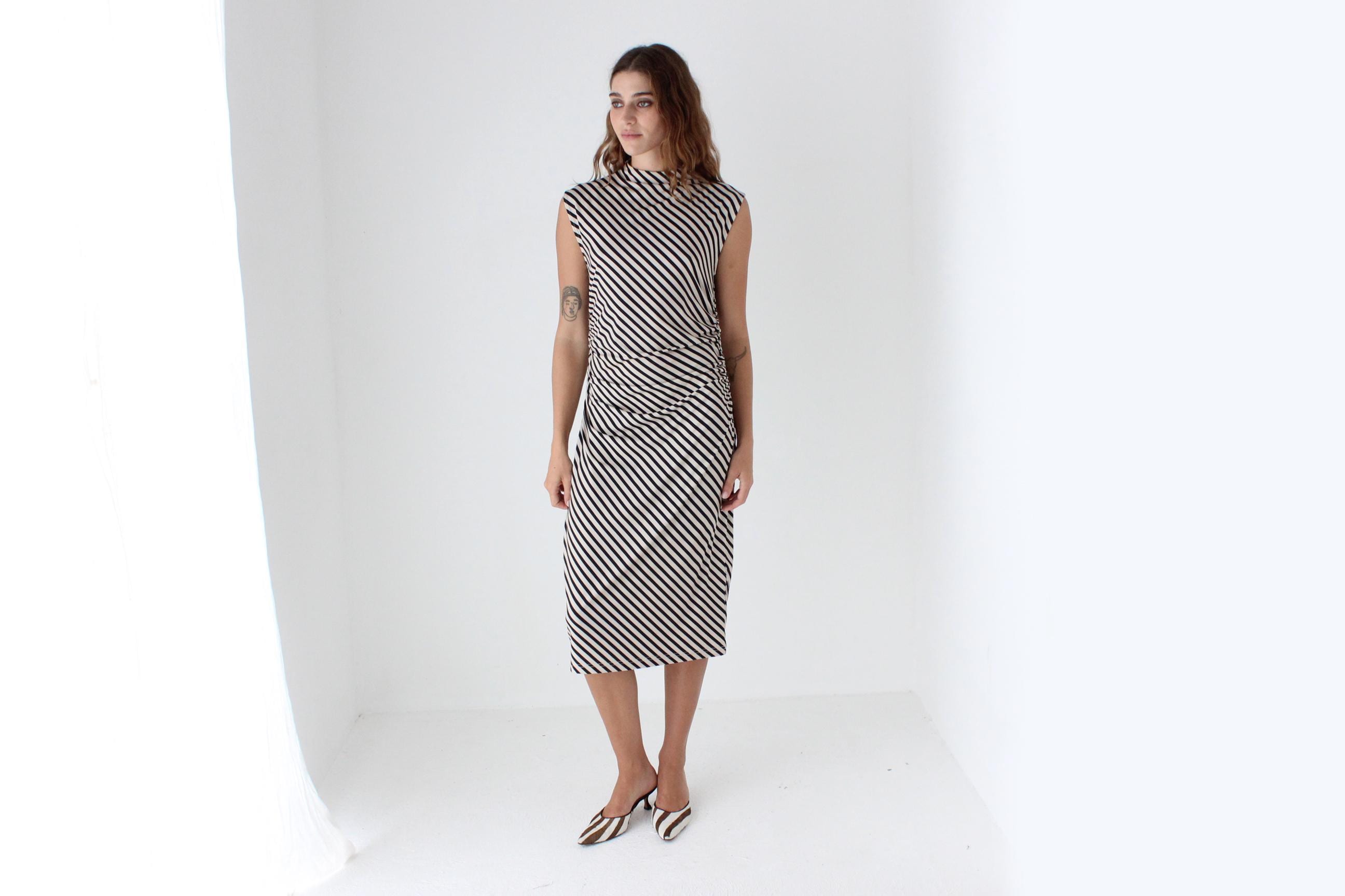 Striped High Neck Stretch Fitted Dress
