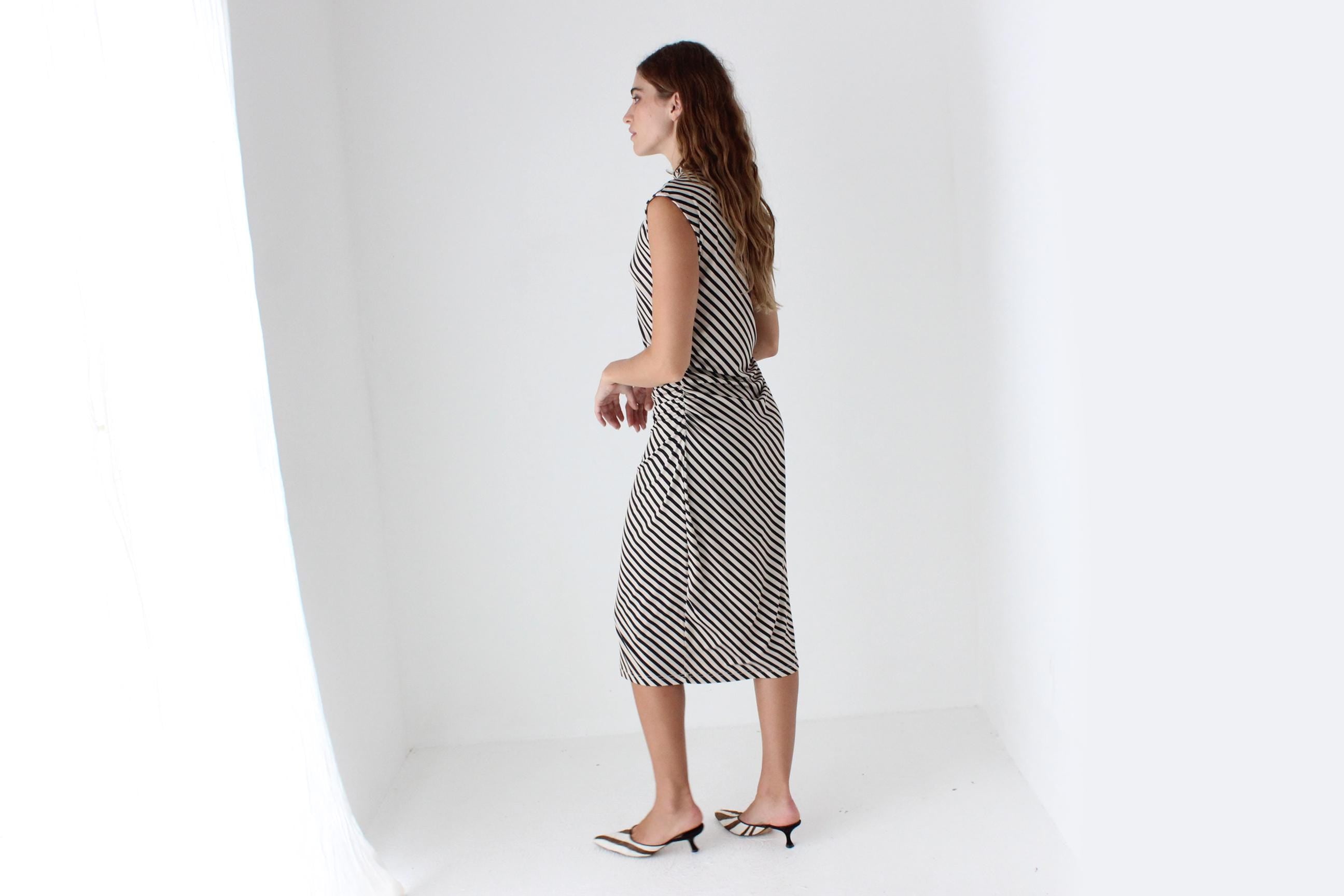 Striped High Neck Stretch Fitted Dress