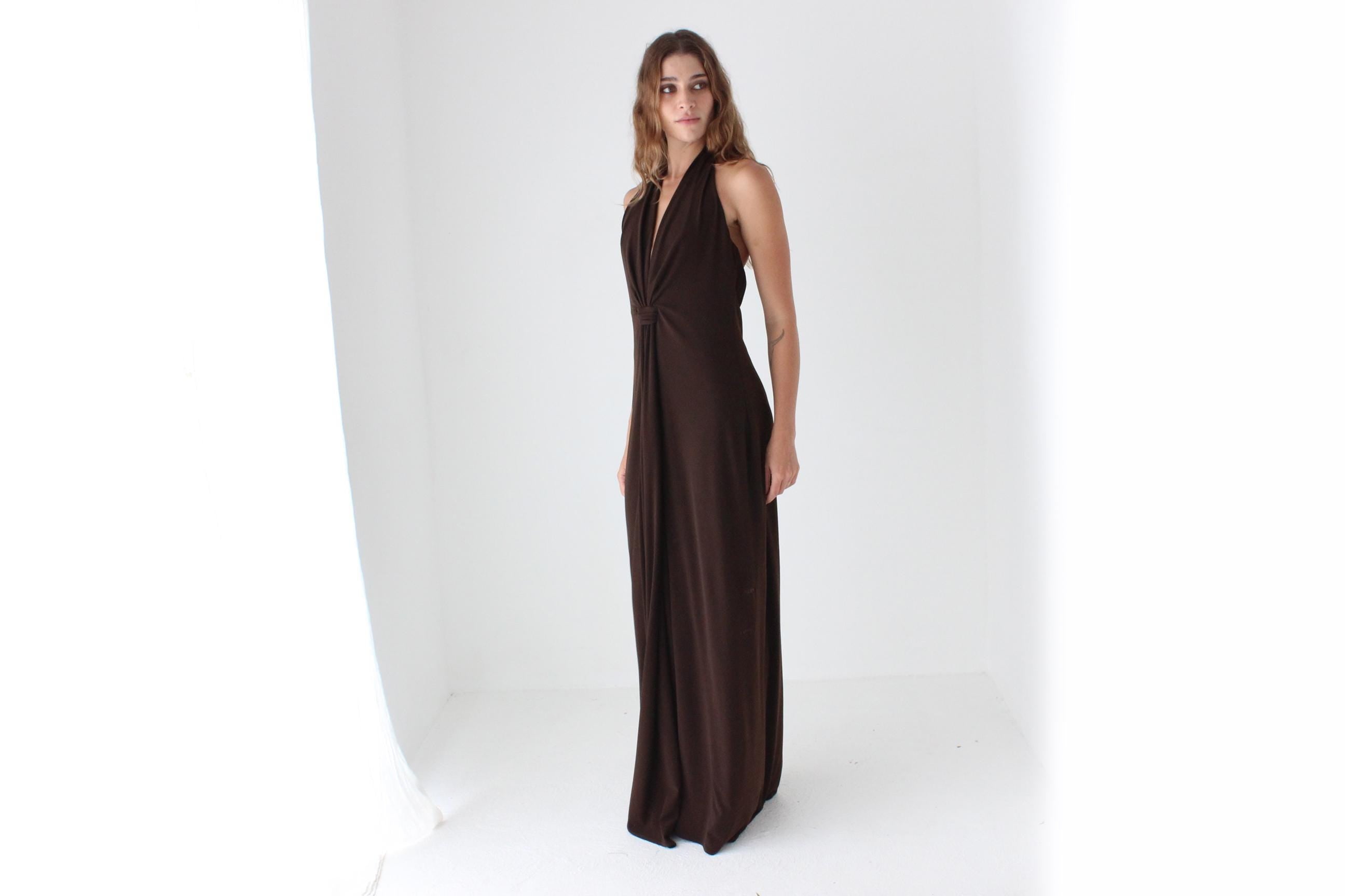 Y2K Slinky Chocolate Jersey Plunge Halter Gown