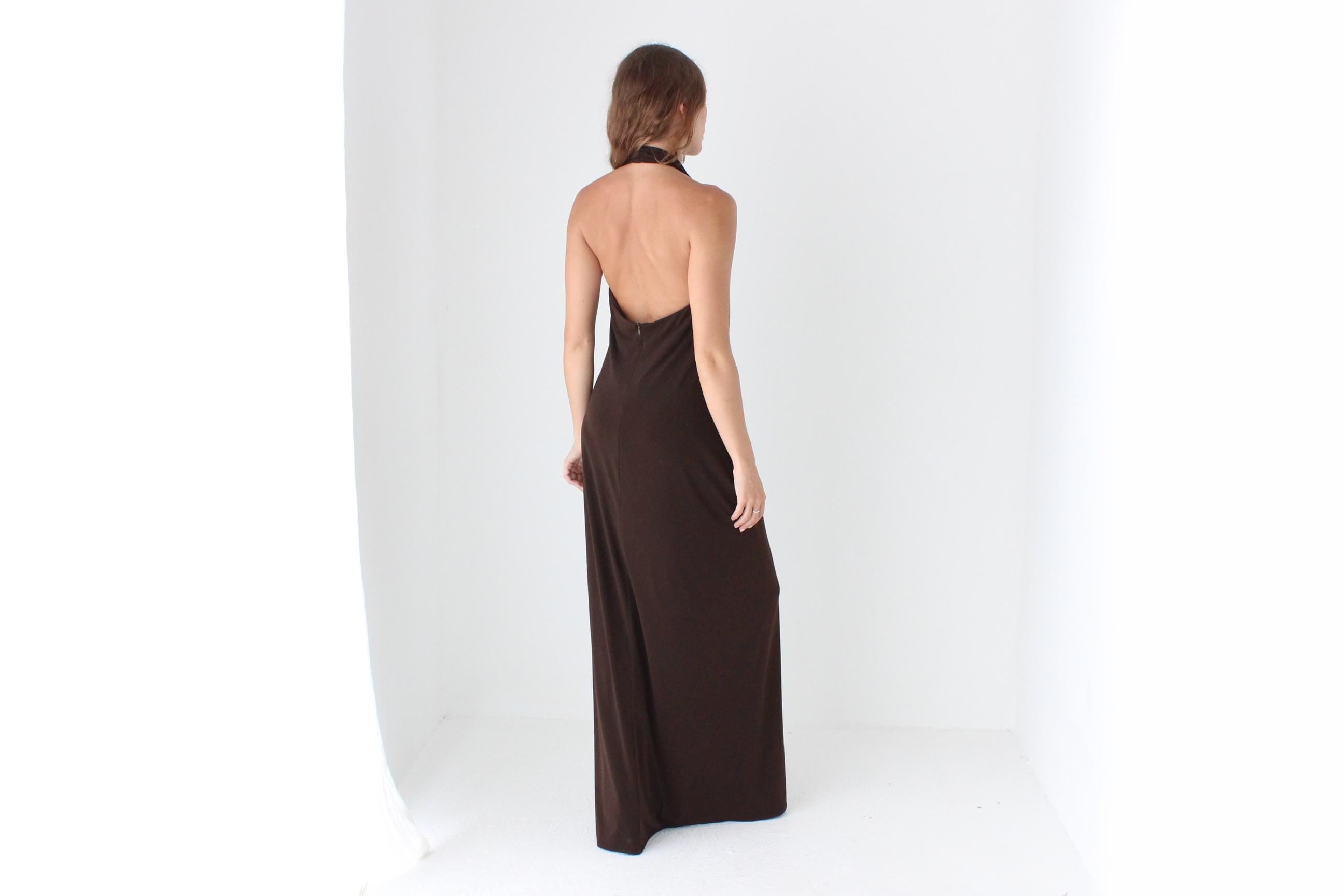 Y2K Slinky Chocolate Jersey Plunge Halter Gown