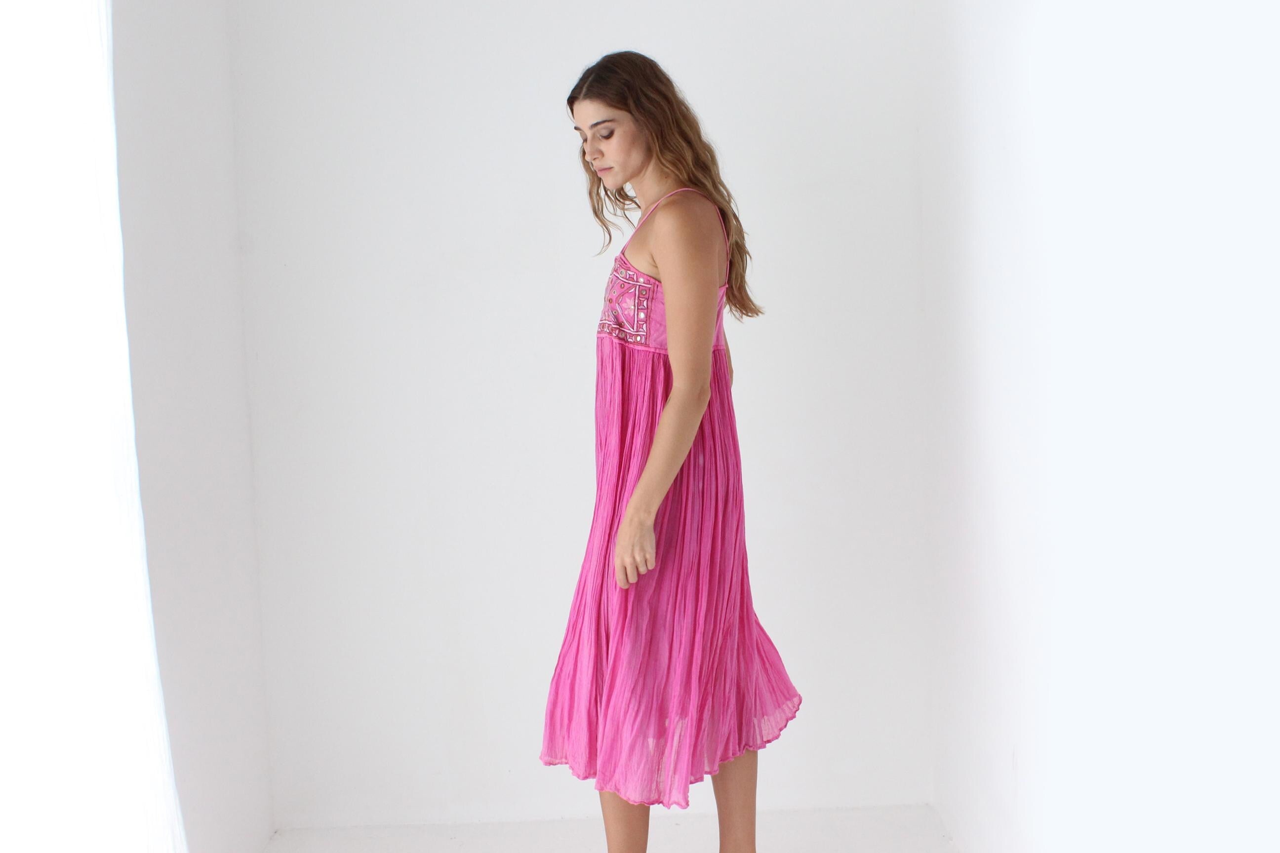 70s Cotton Gauze Goddess Dress w/ Mirror Embroidery