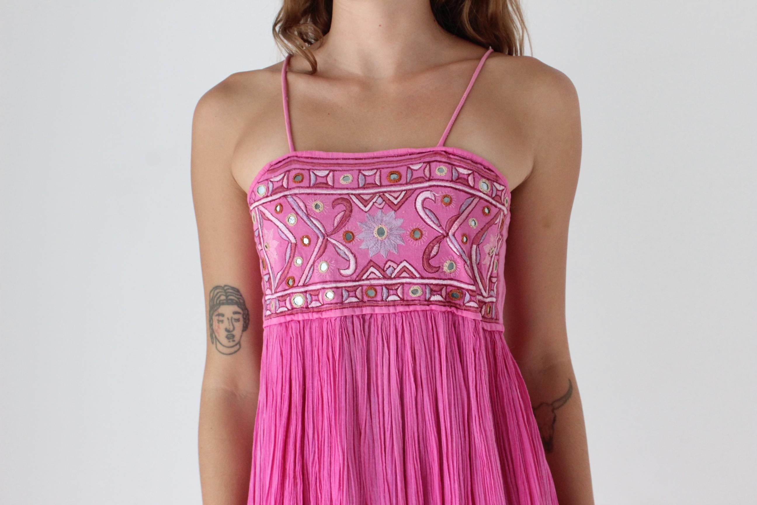 70s Cotton Gauze Goddess Dress w/ Mirror Embroidery