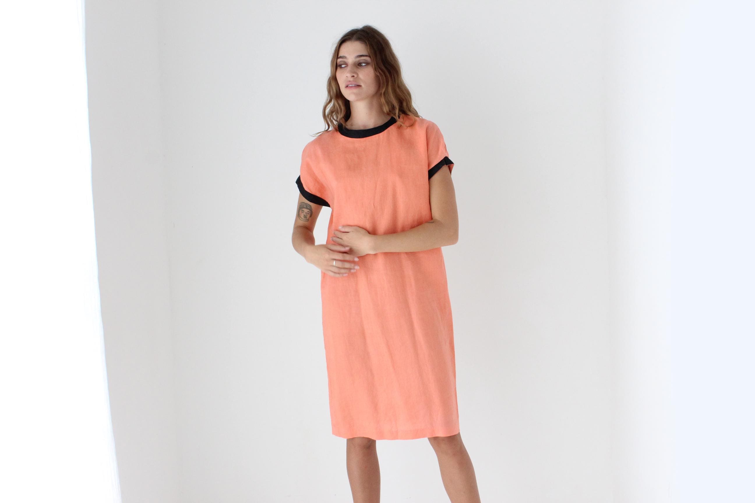 Funky 80s Neon Orange Linen Sheath Dress
