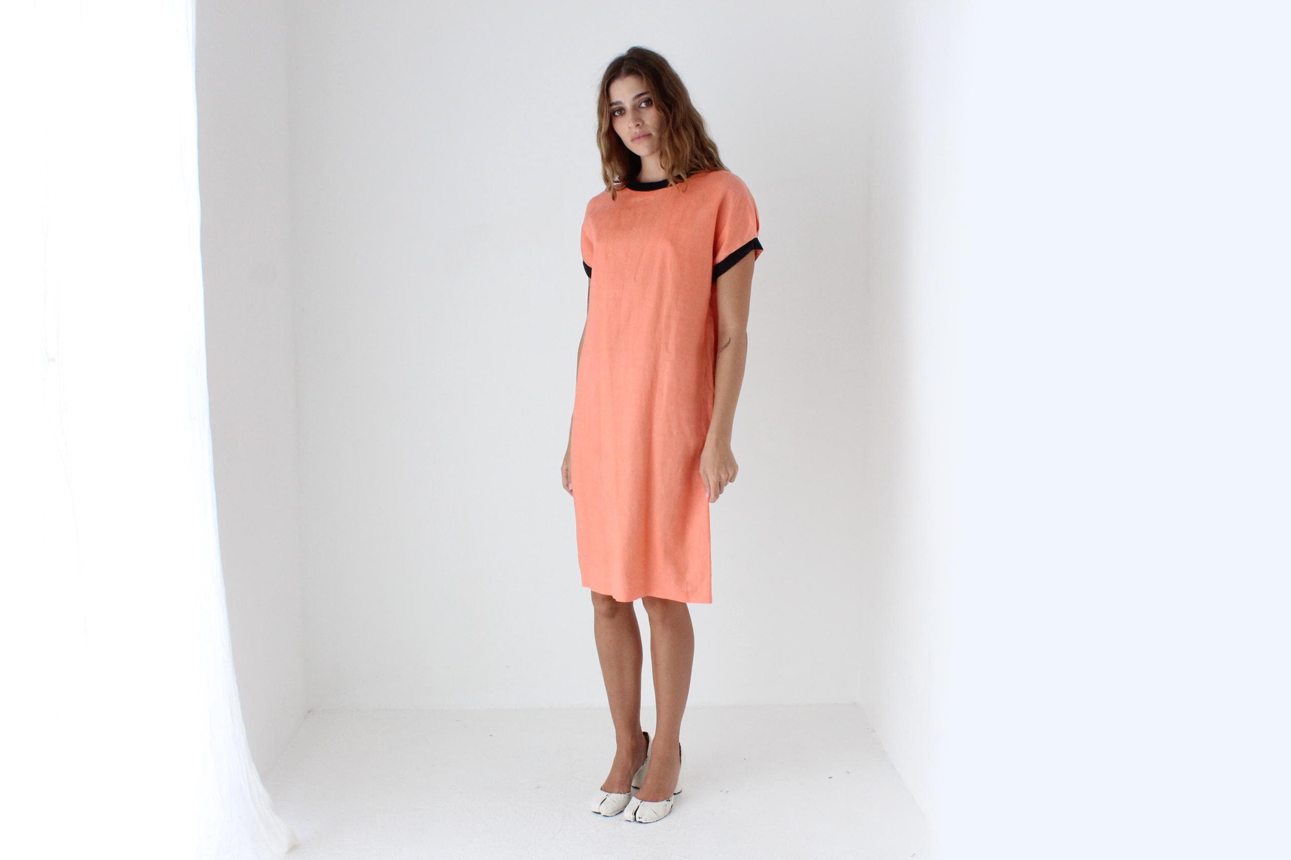 Funky 80s Neon Orange Linen Sheath Dress