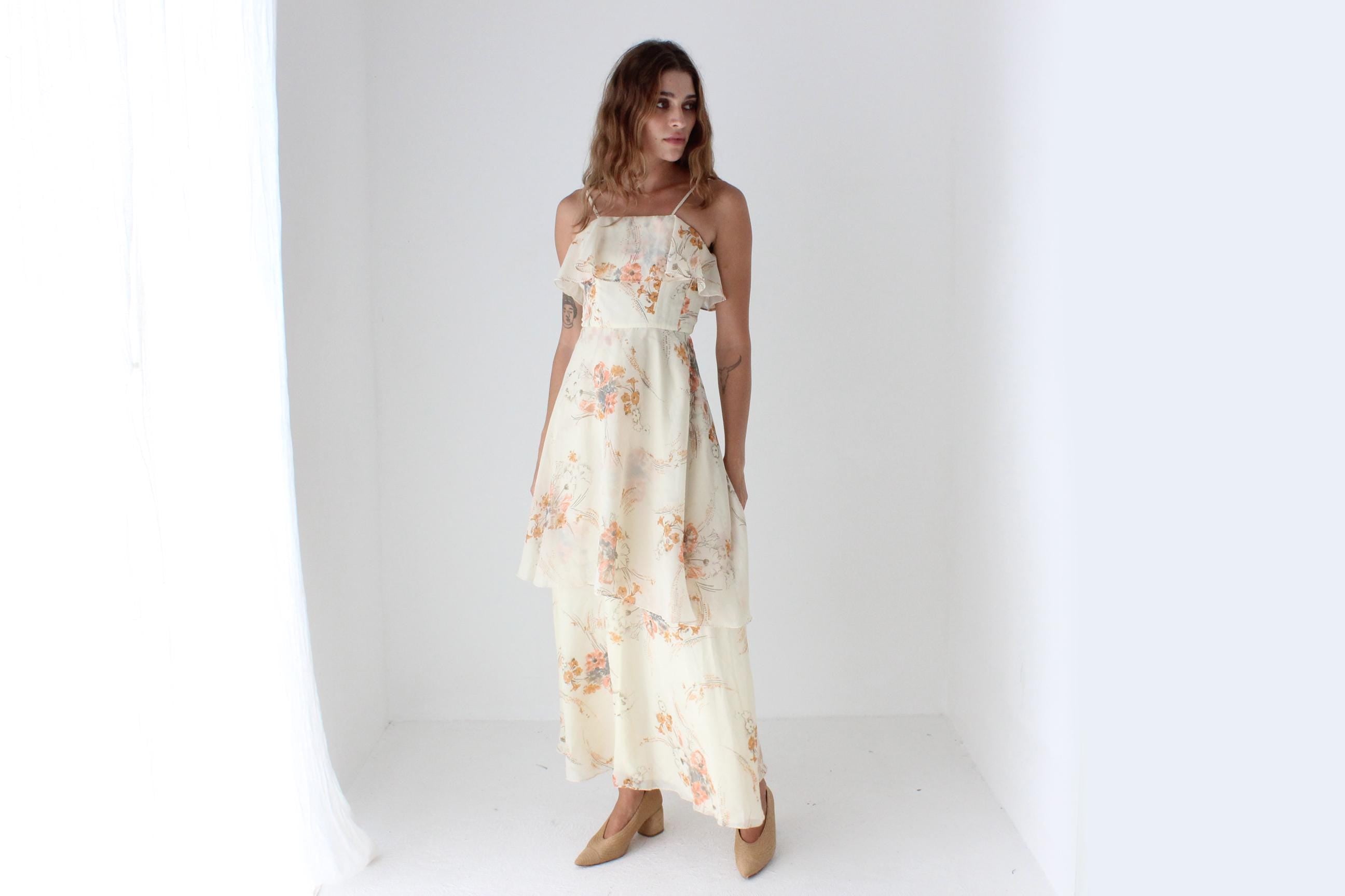 70s Layered Tiered Floaty Ruffle Maxi Dress