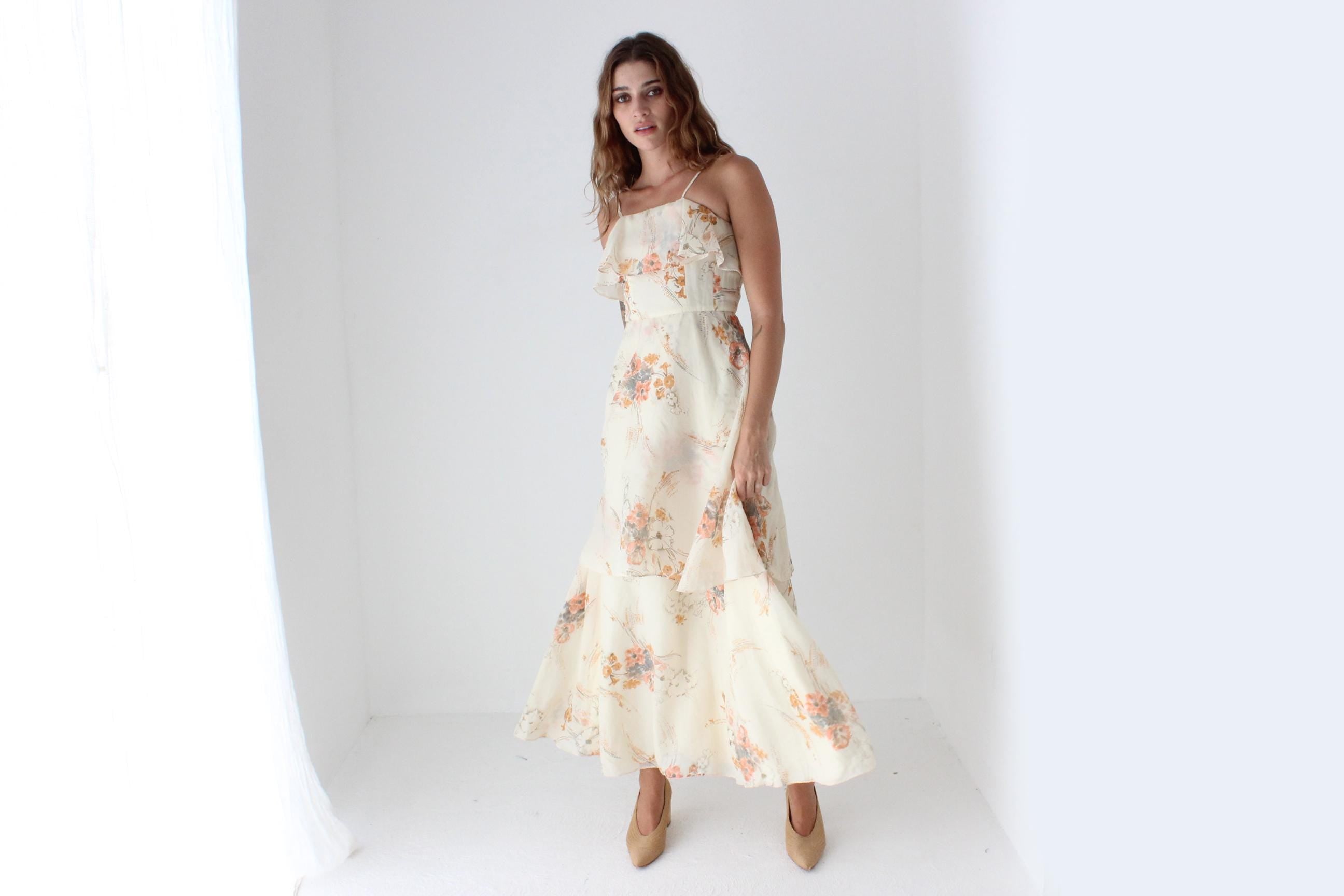 70s Layered Tiered Floaty Ruffle Maxi Dress