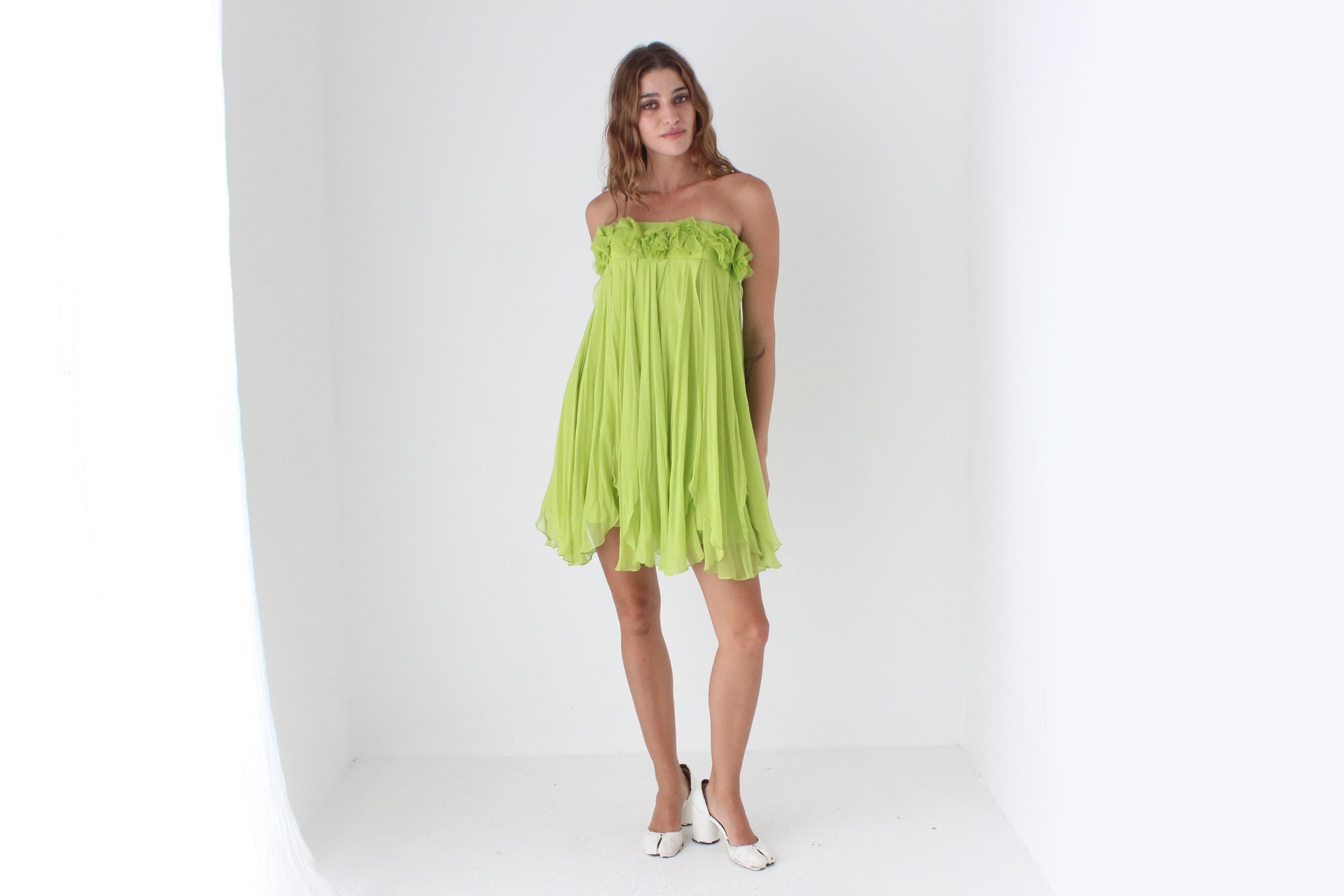 Y2K Strapless Silk Mini w/ Rosettes & Panel Skirt