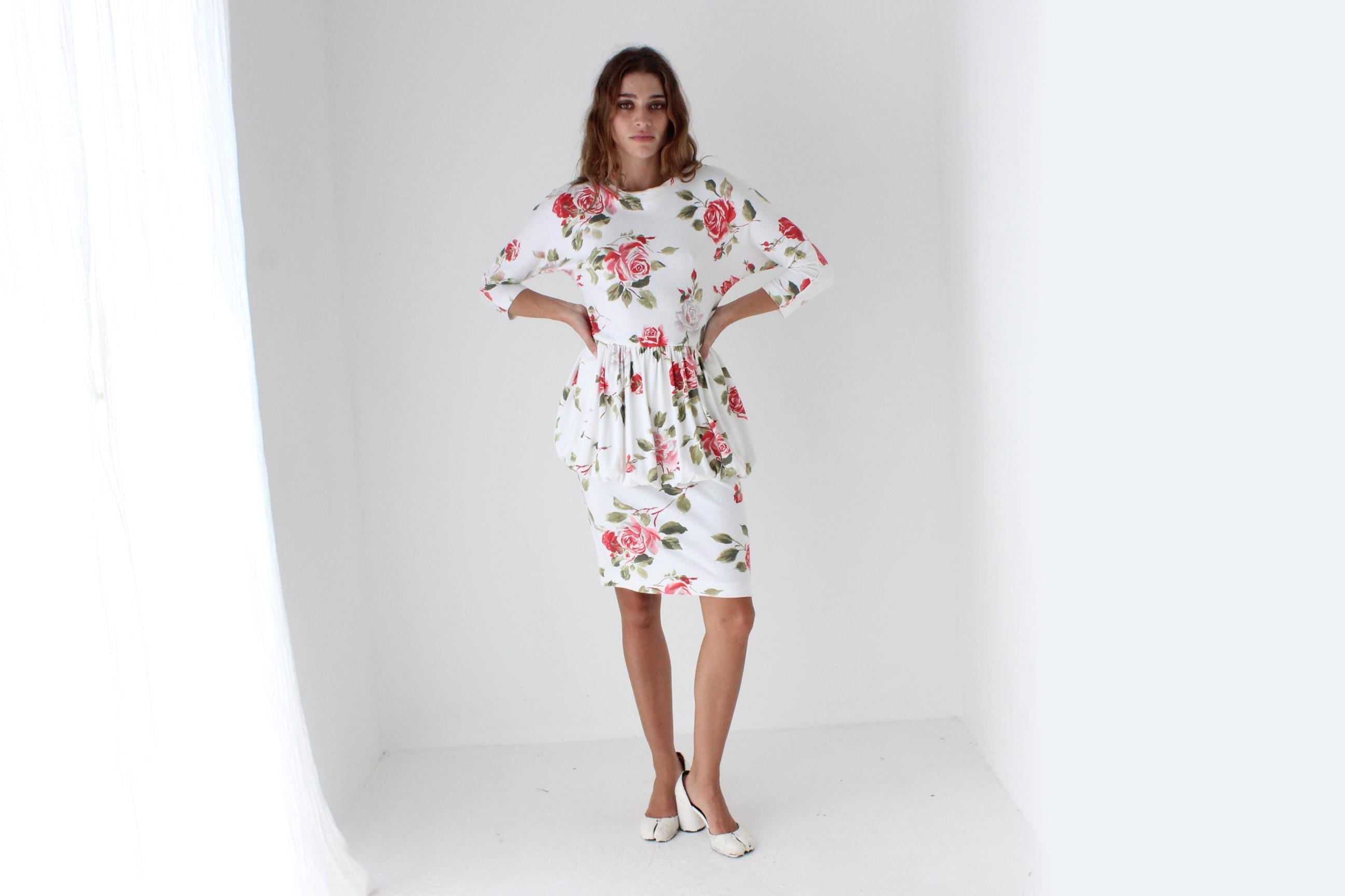 80s Rose Print Bubble Peplum Dress