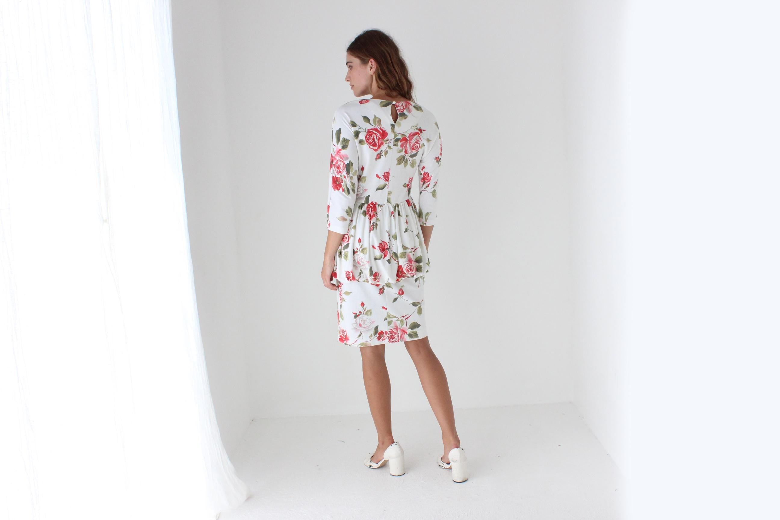 80s Rose Print Bubble Peplum Dress