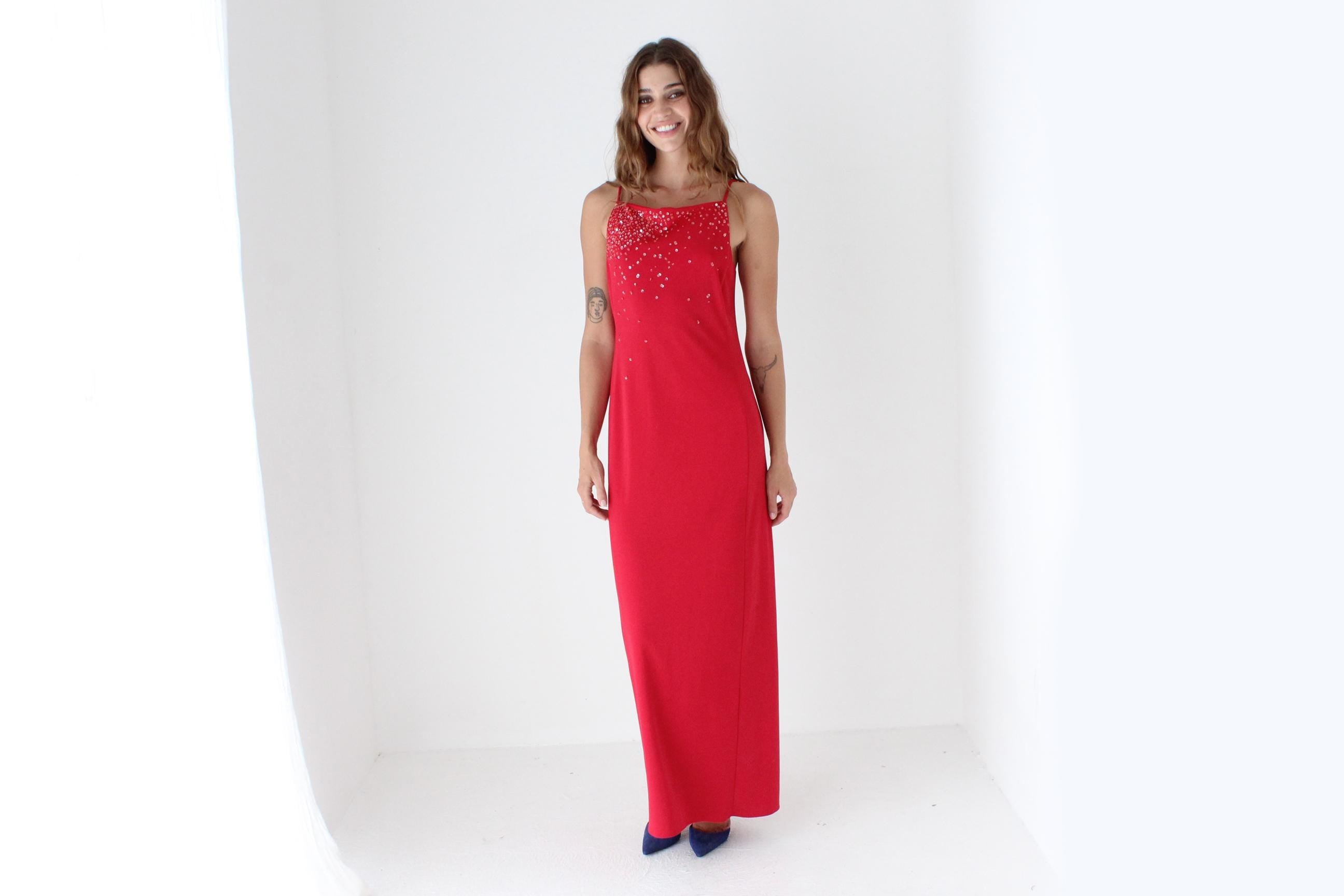 90s Red Mesh Backless Party Dress