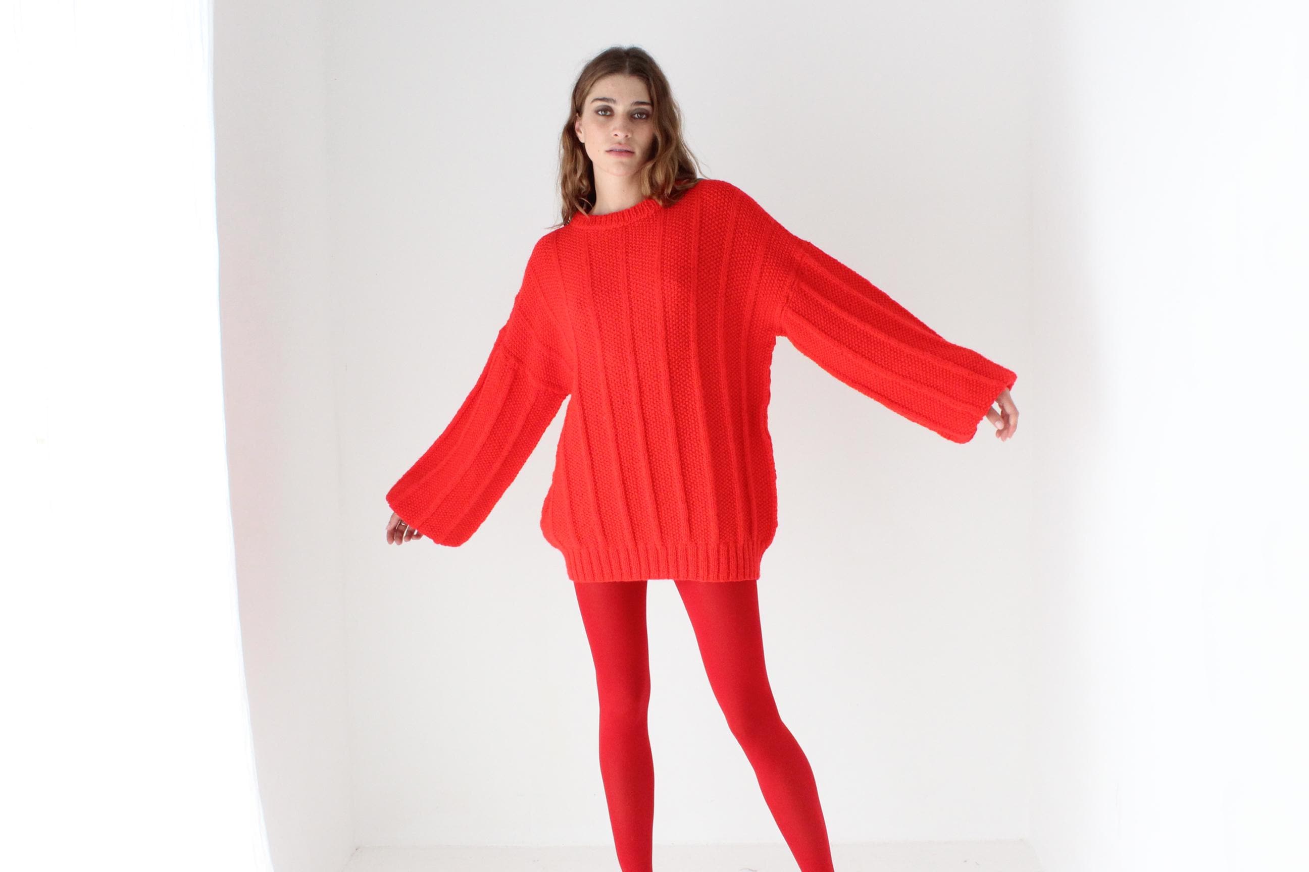 80s Vibrant Red Hand Knit Bubble Sleeve Sweater