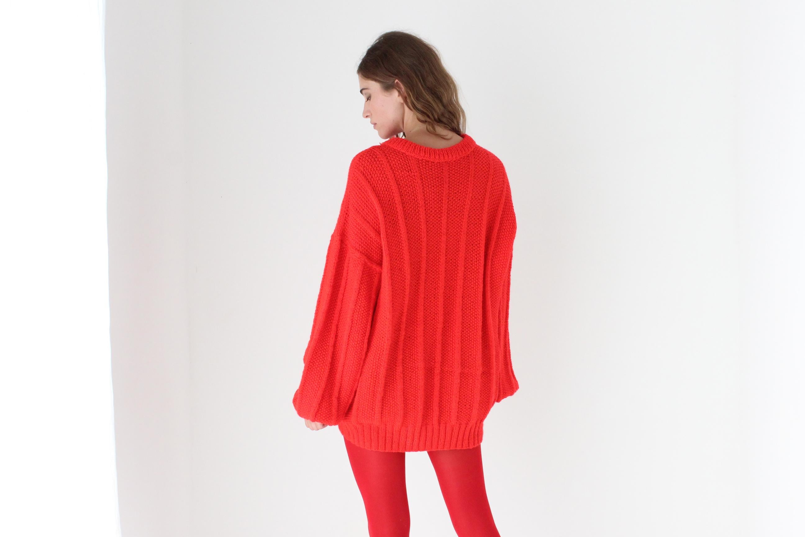 80s Vibrant Red Hand Knit Bubble Sleeve Sweater