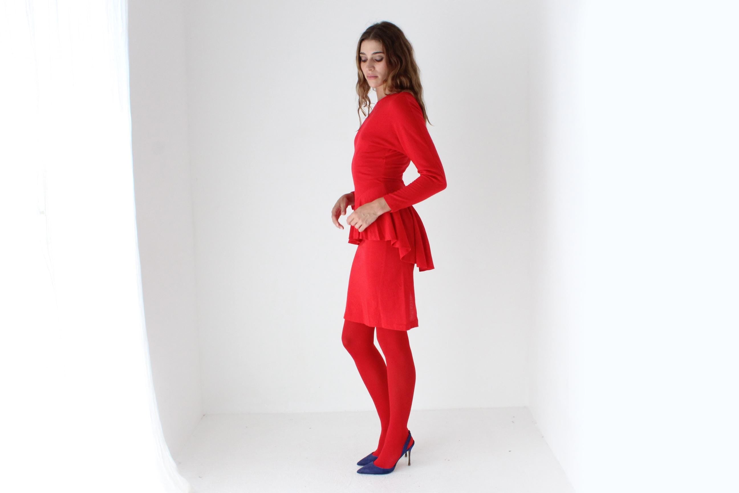80s Vibrant Red Knit Peplum Dress
