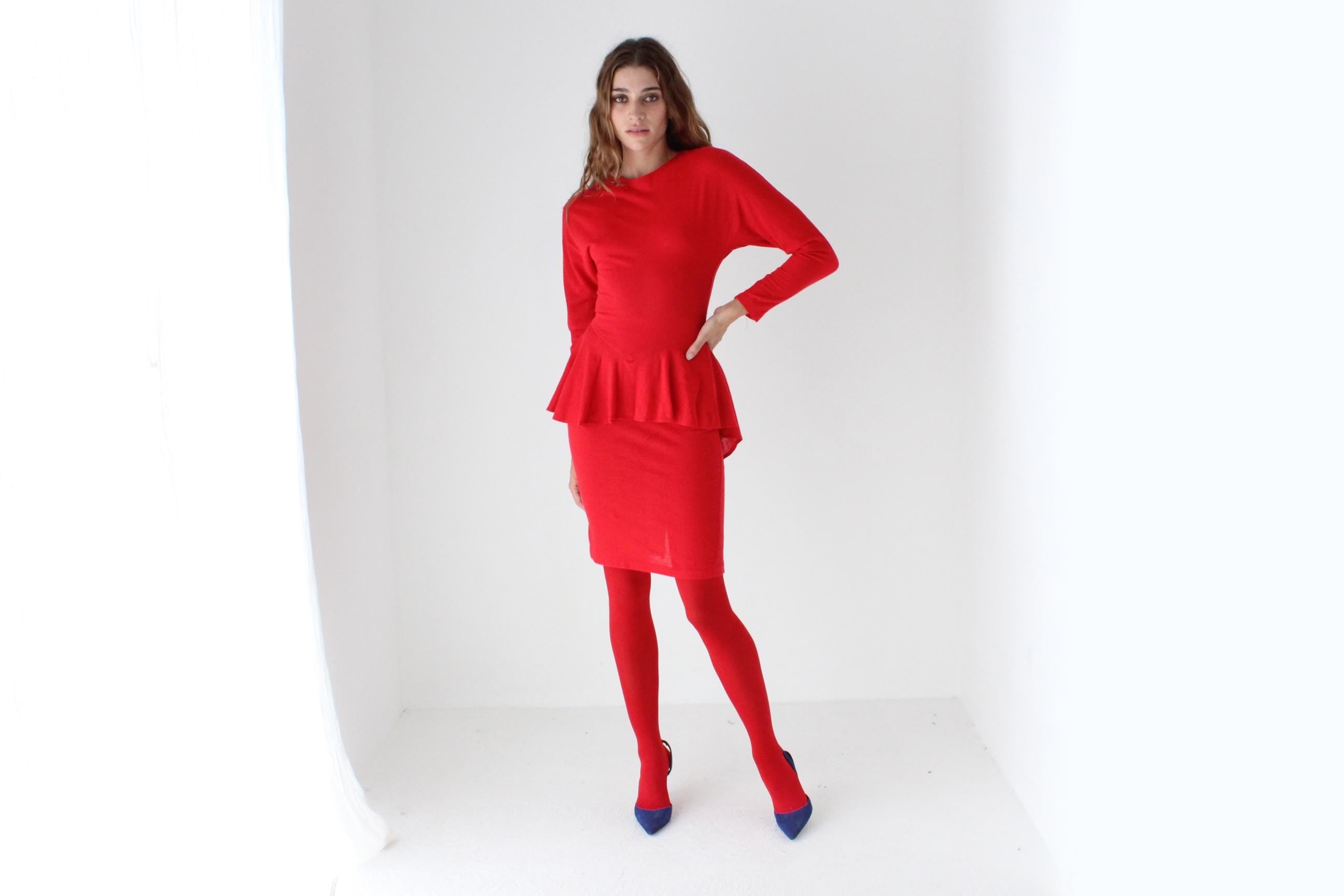 80s Vibrant Red Knit Peplum Dress