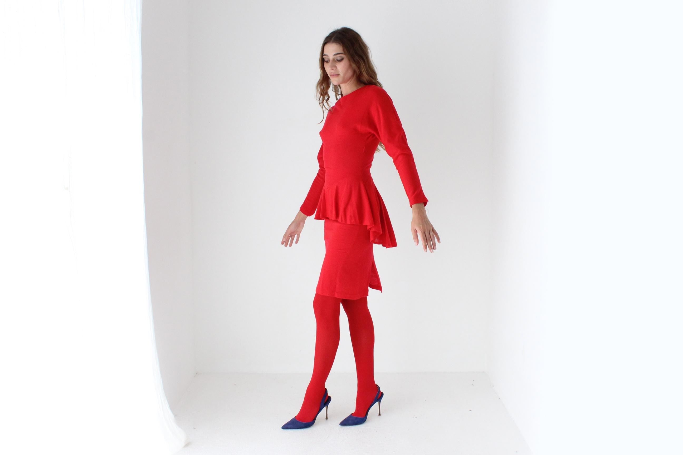 80s Vibrant Red Knit Peplum Dress