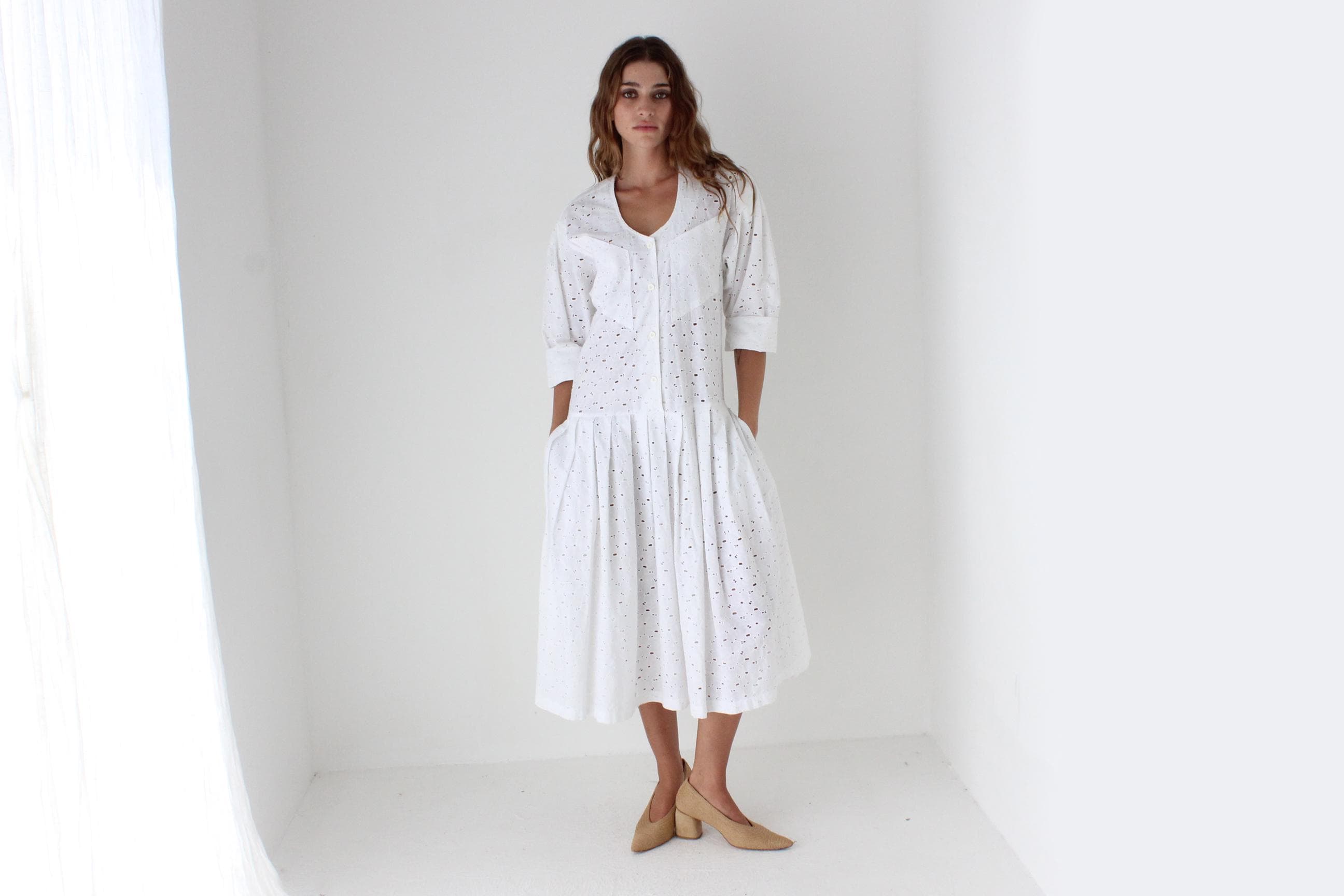 80s Broderie Anglaise Drop Waist Summer Smock Dress