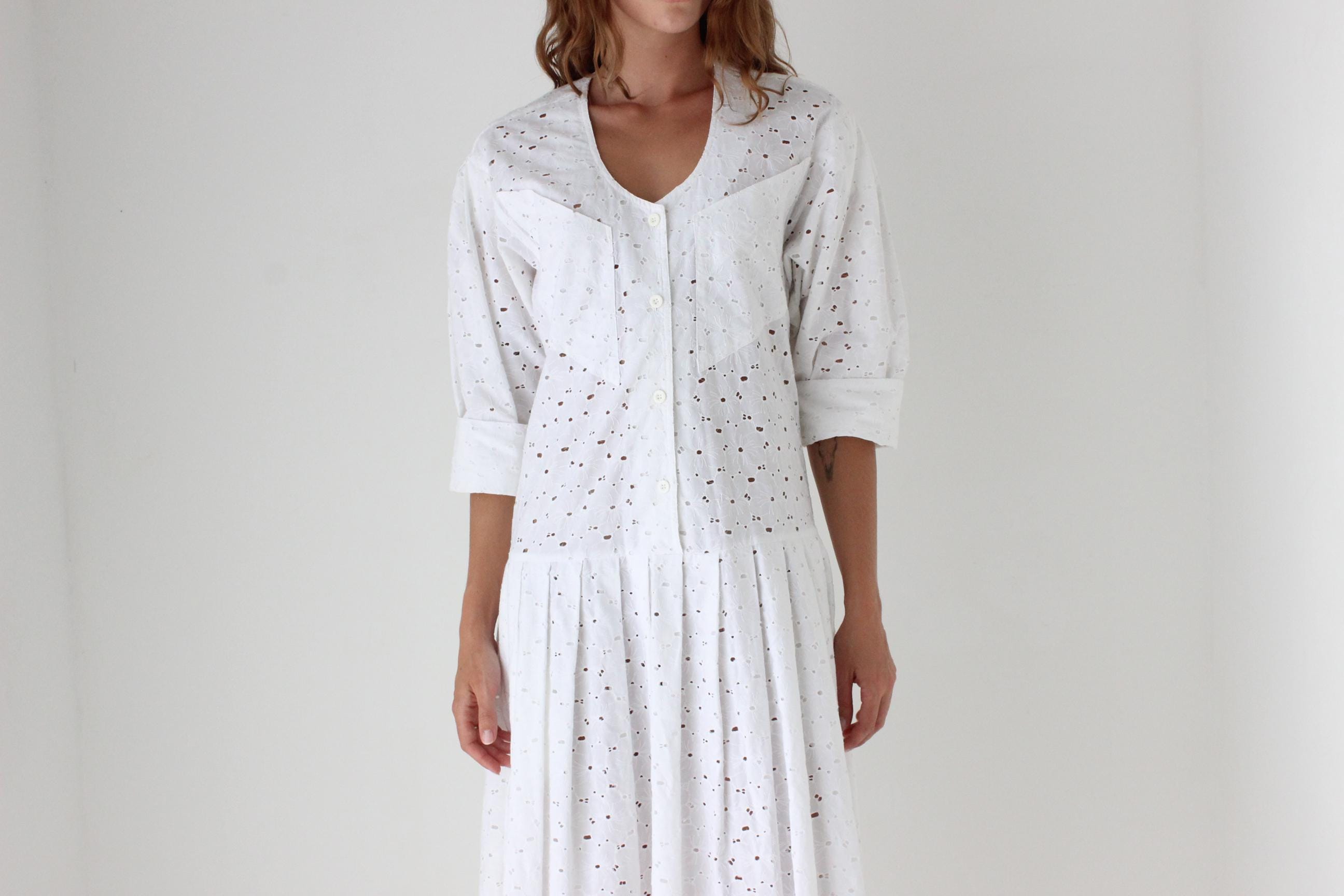 80s Broderie Anglaise Drop Waist Summer Smock Dress