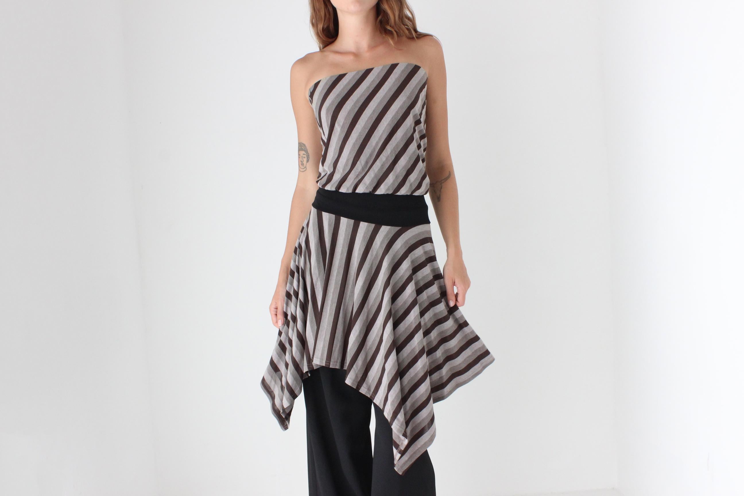 Y2K Grey Tone Striped Jagged Hem Dress